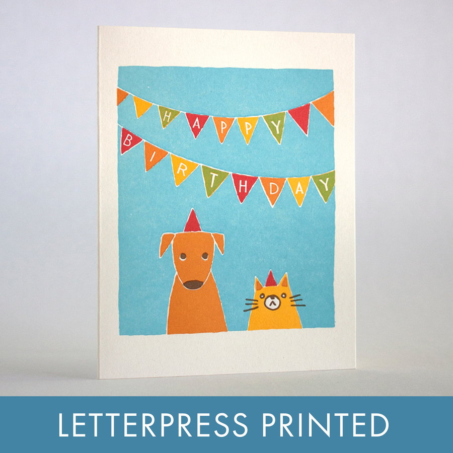 Cat & Dog Bday Letterpress Greeting Card by Fugu Fugu Press