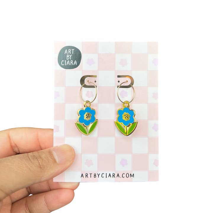 Gold Filled Little Flowers Hoop Earrings: Blue