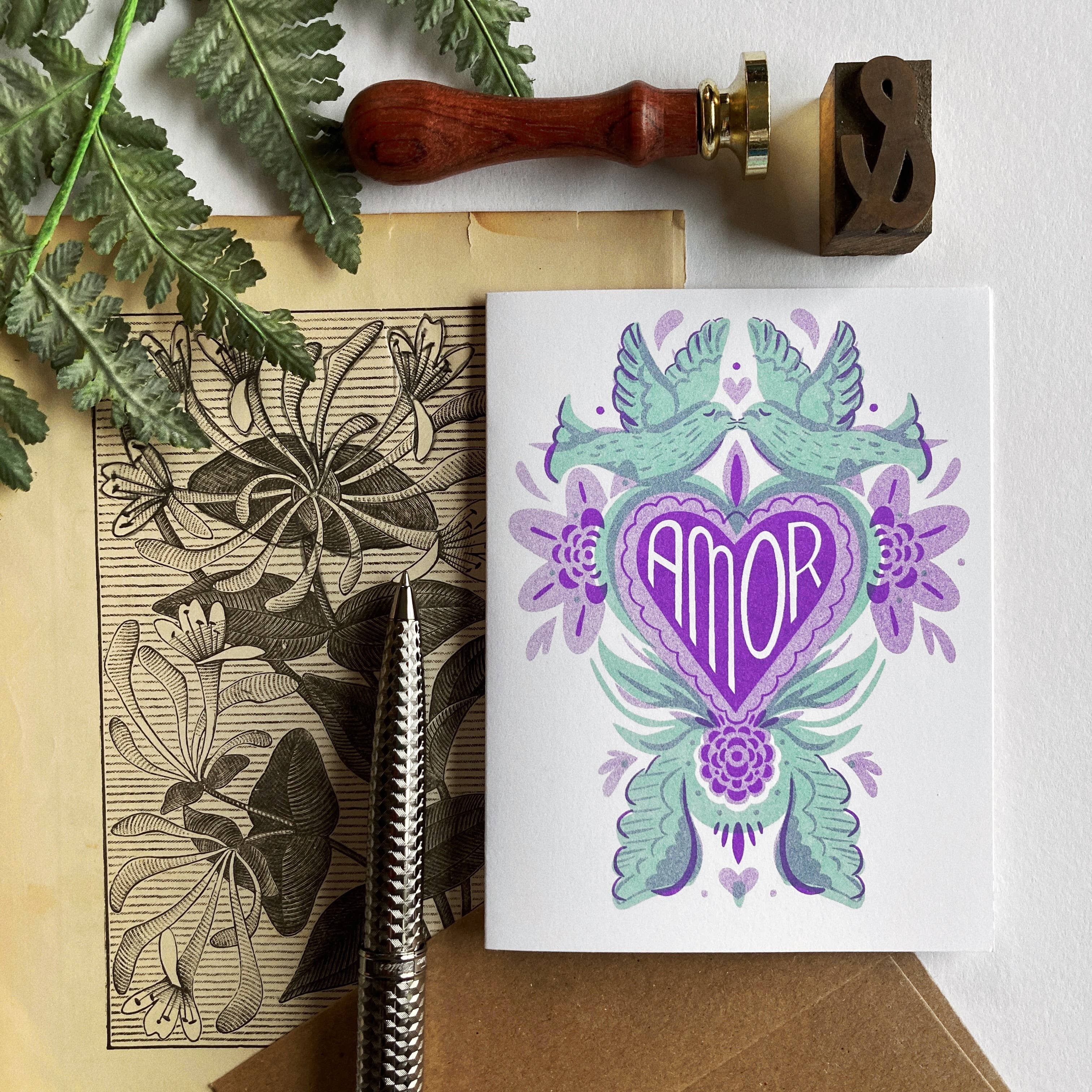Love Birds "Amor"-  Spanish  Risograph Greeting Card