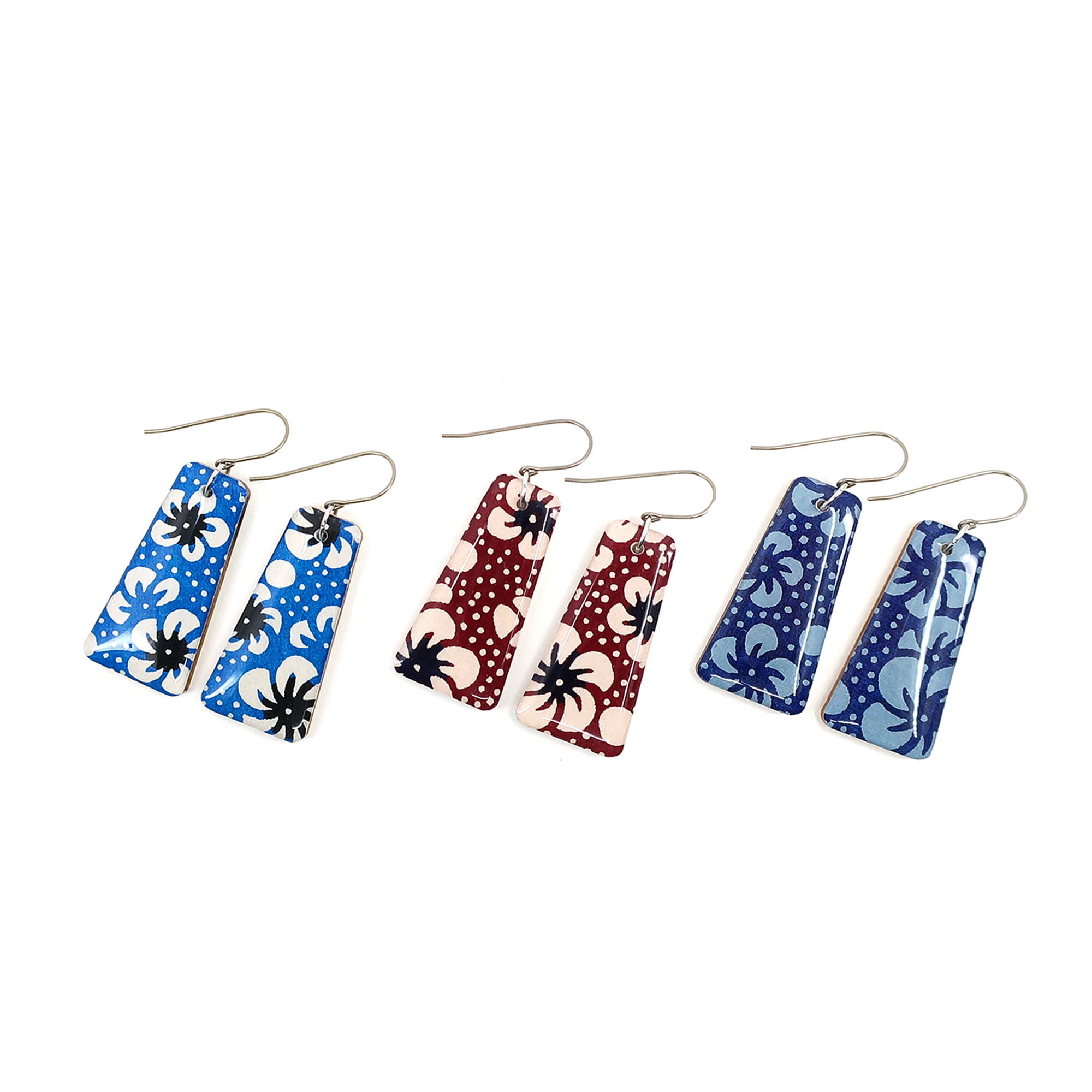 Brown and White Retro Floral Japanese Paper Earrings