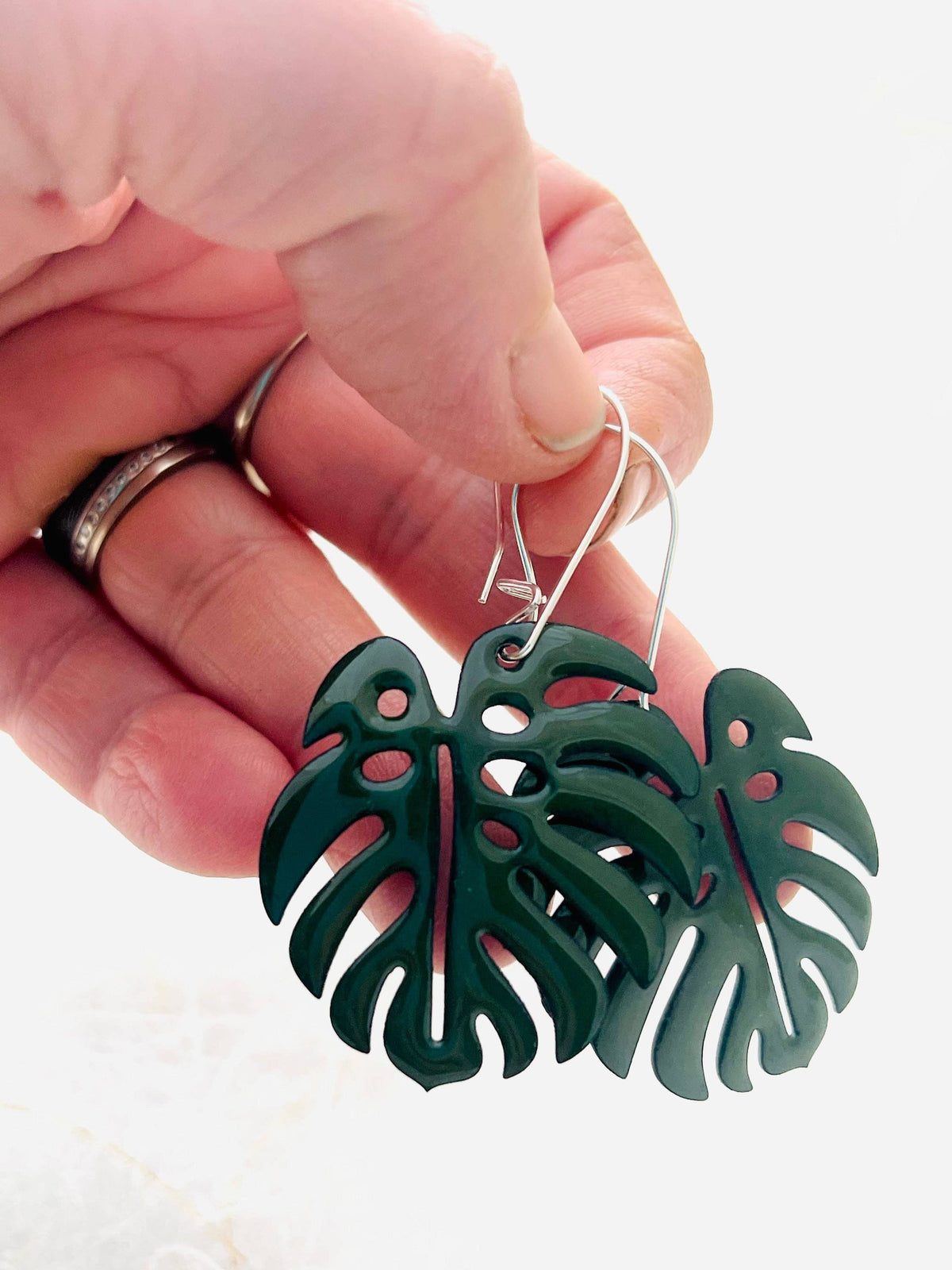 Handmade Monstera Leaf Enamel Earrings with Silver
