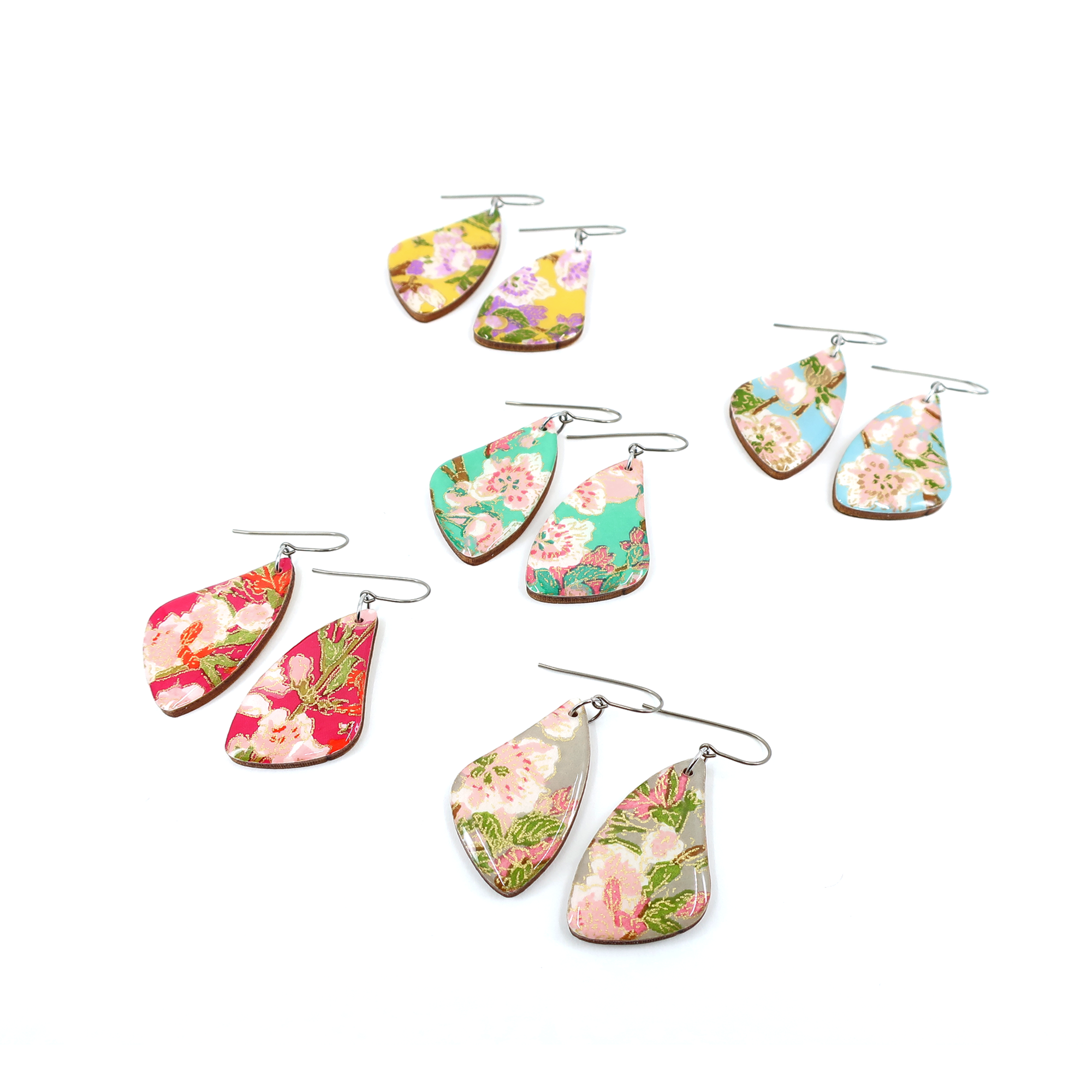 Red Pink Floral Chiyogami Titanium Earrings