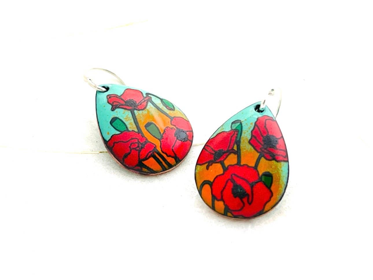 Mint Green and Orange Small Teardrop Poppy Earrings