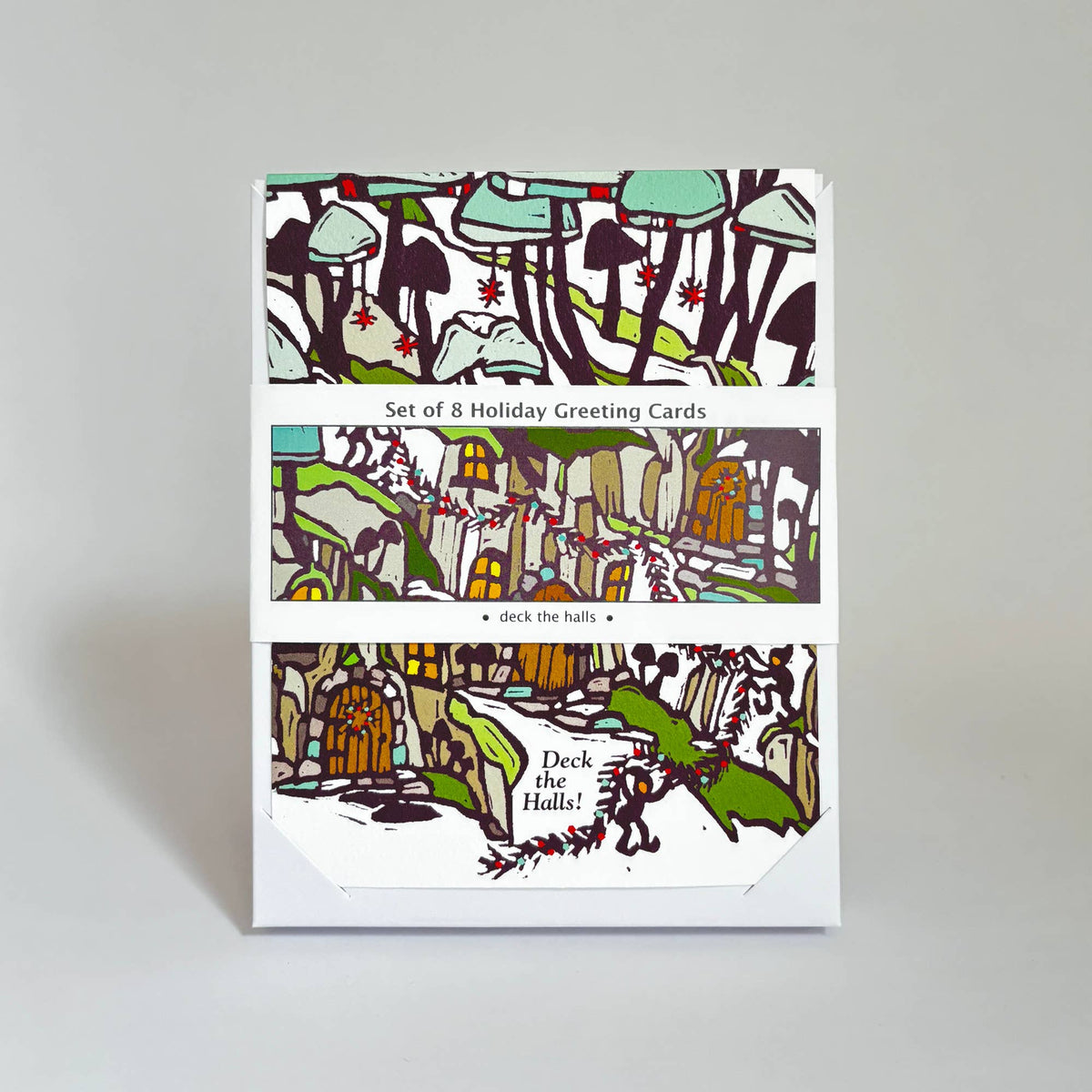 Set of 8 Deck the Halls Mushroom Holiday Greeting Cards