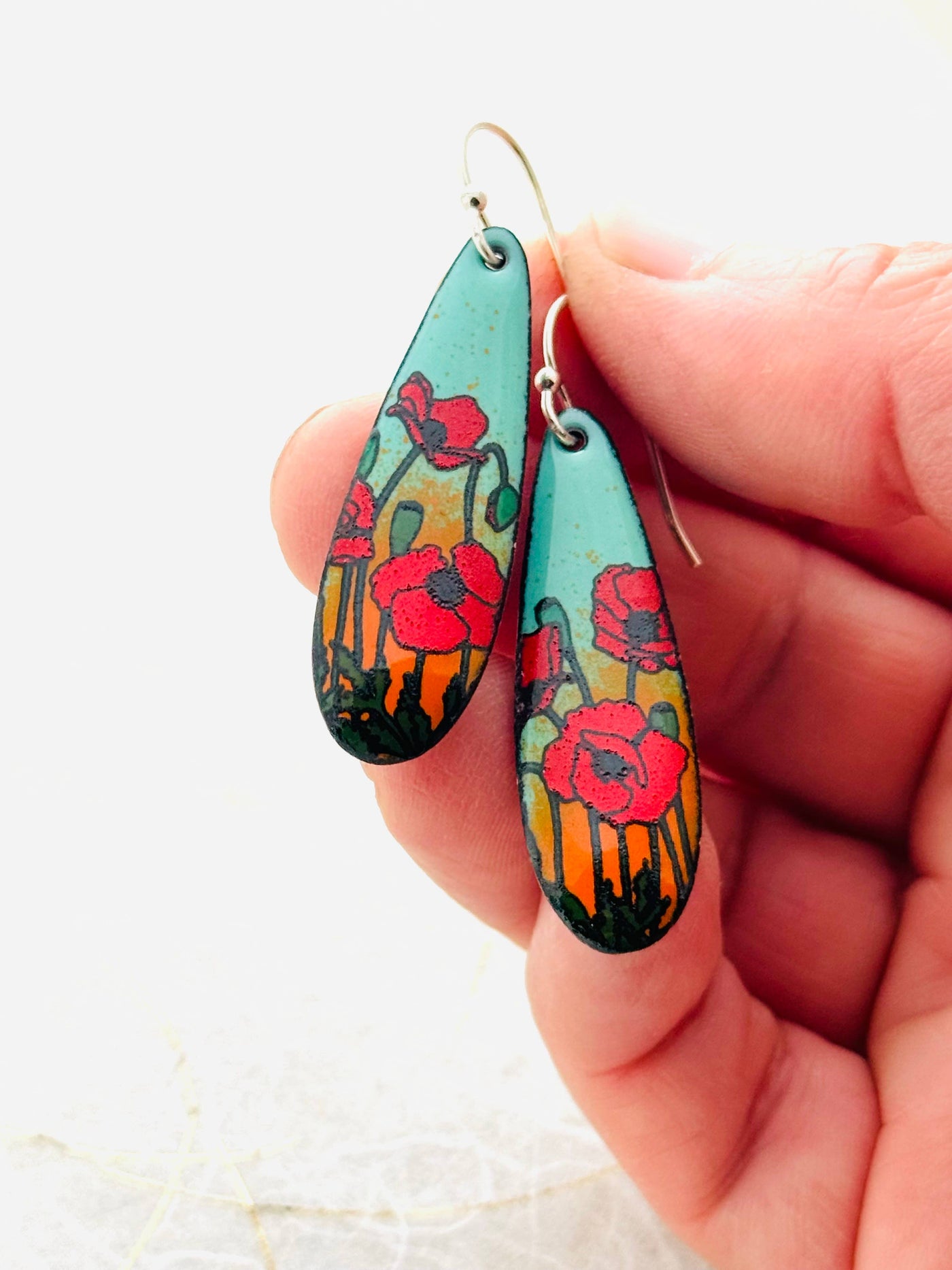 Long Teardrop Poppy Earrings, Mint Green & Orange Enamel