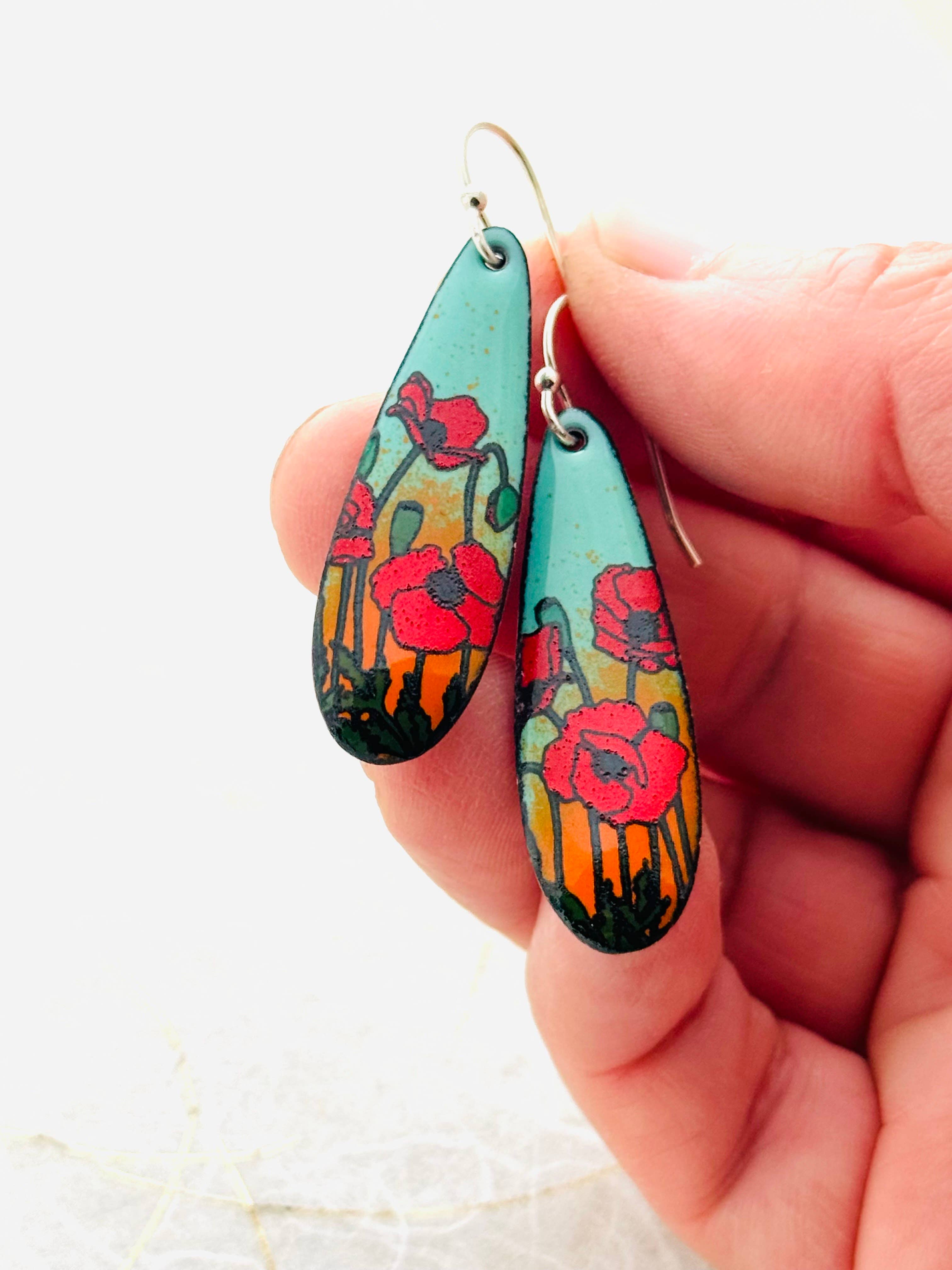 Long Teardrop Poppy Earrings, Mint Green & Orange Enamel