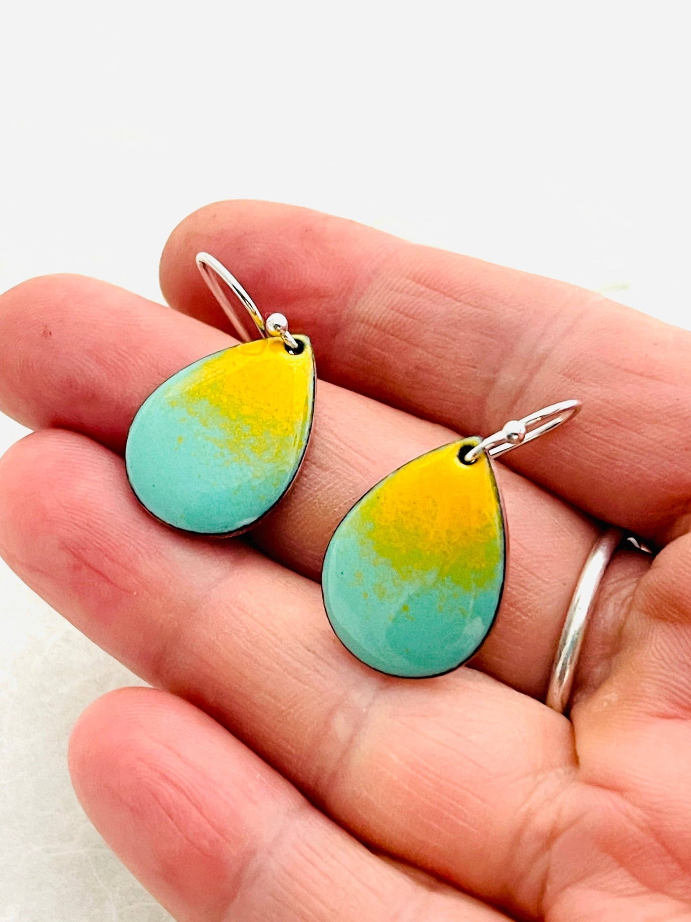 Mint Green & Yellow Small Enamel Teardrop Earrings