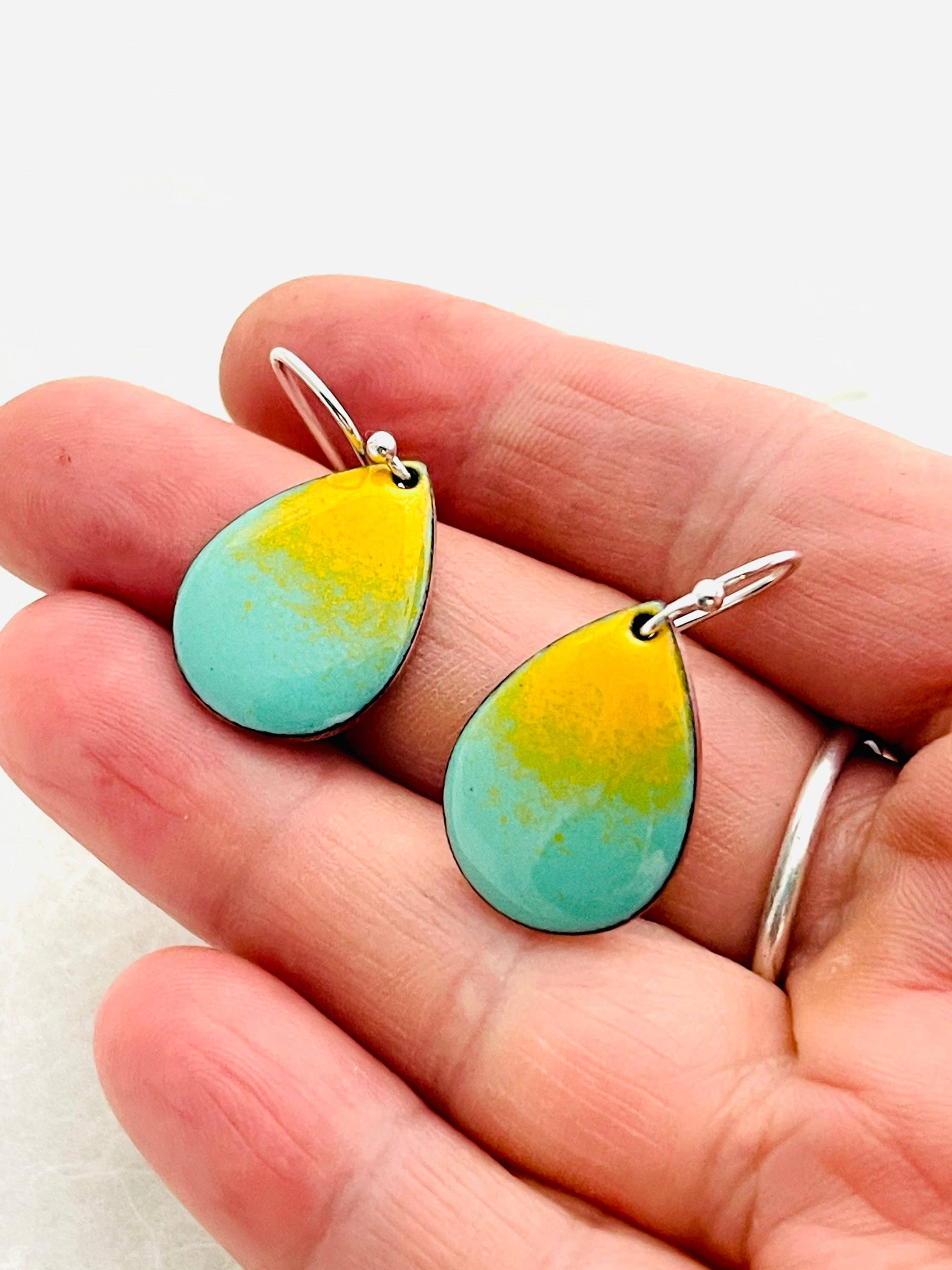 Mint Green & Yellow Small Enamel Teardrop Earrings