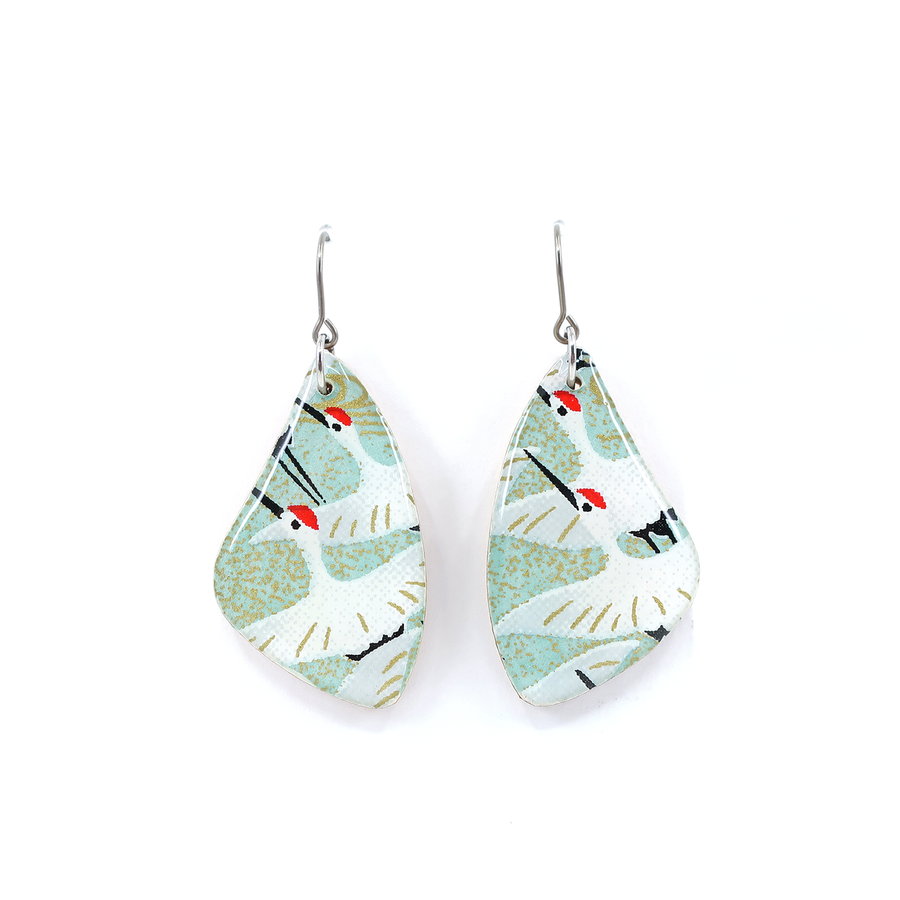 Crane Dangle Earrings - Green