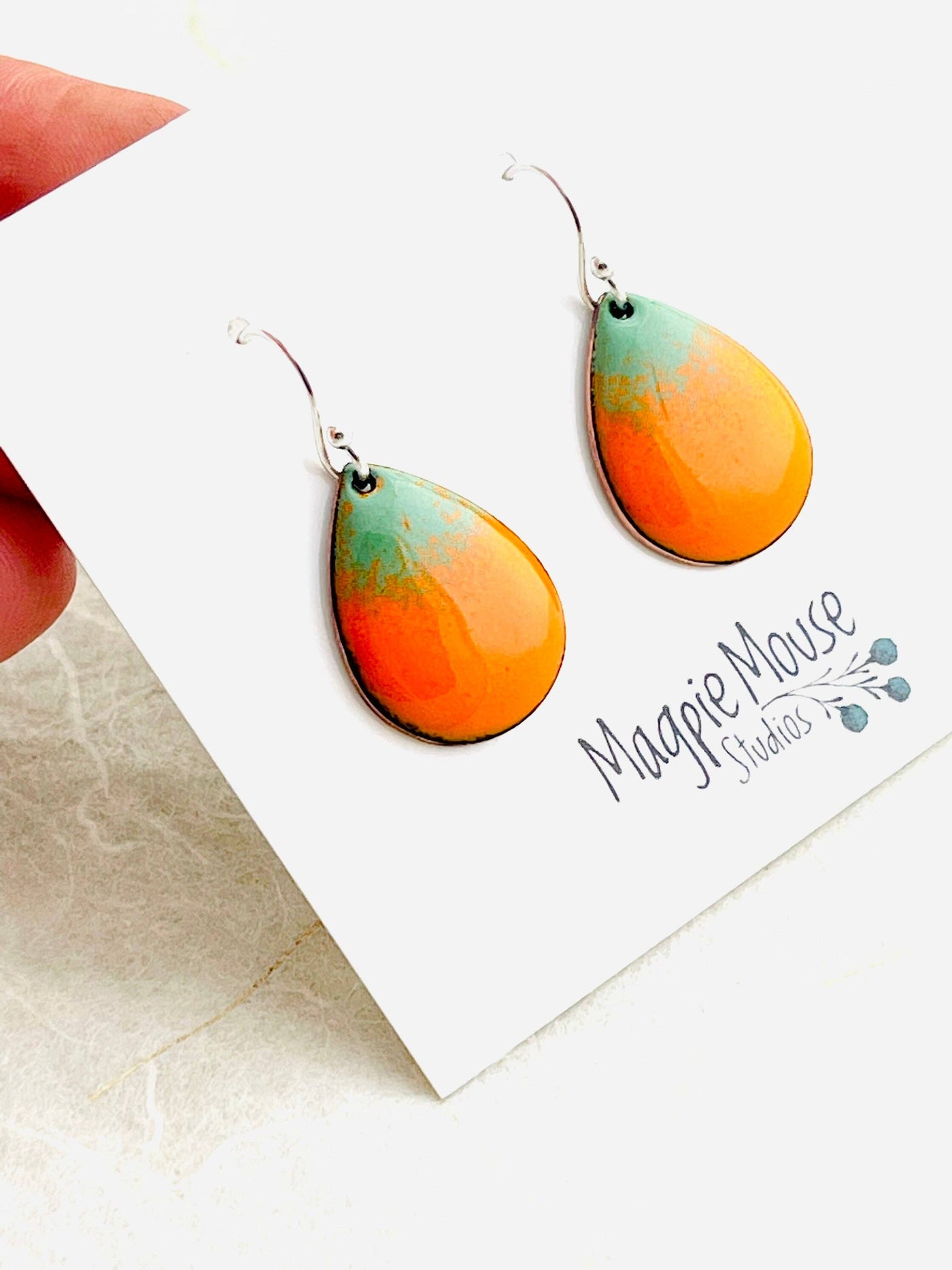Small Teardrop Pumpkin Earrings, Pumpkin Orange Enamel