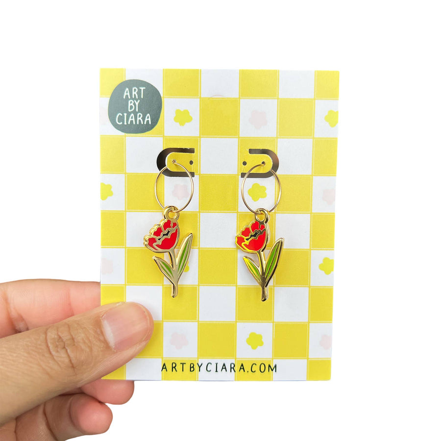 Gold Filled Tulip Hoop Earrings: Red