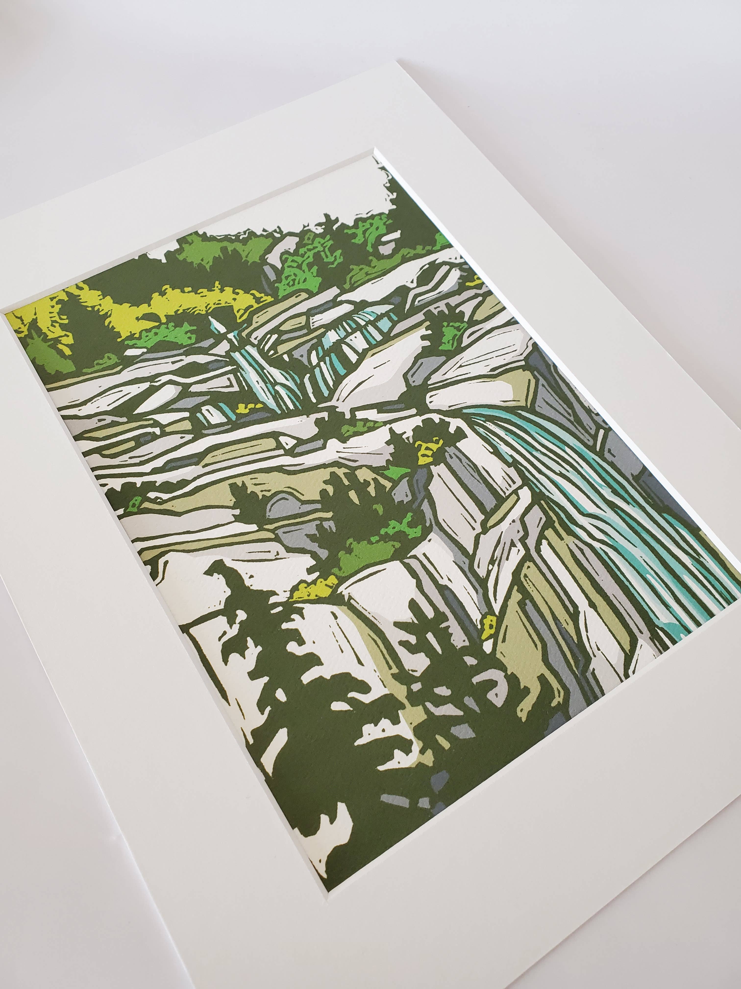 Mountain Waterfall Landscape Matted Art Print 8.5x11