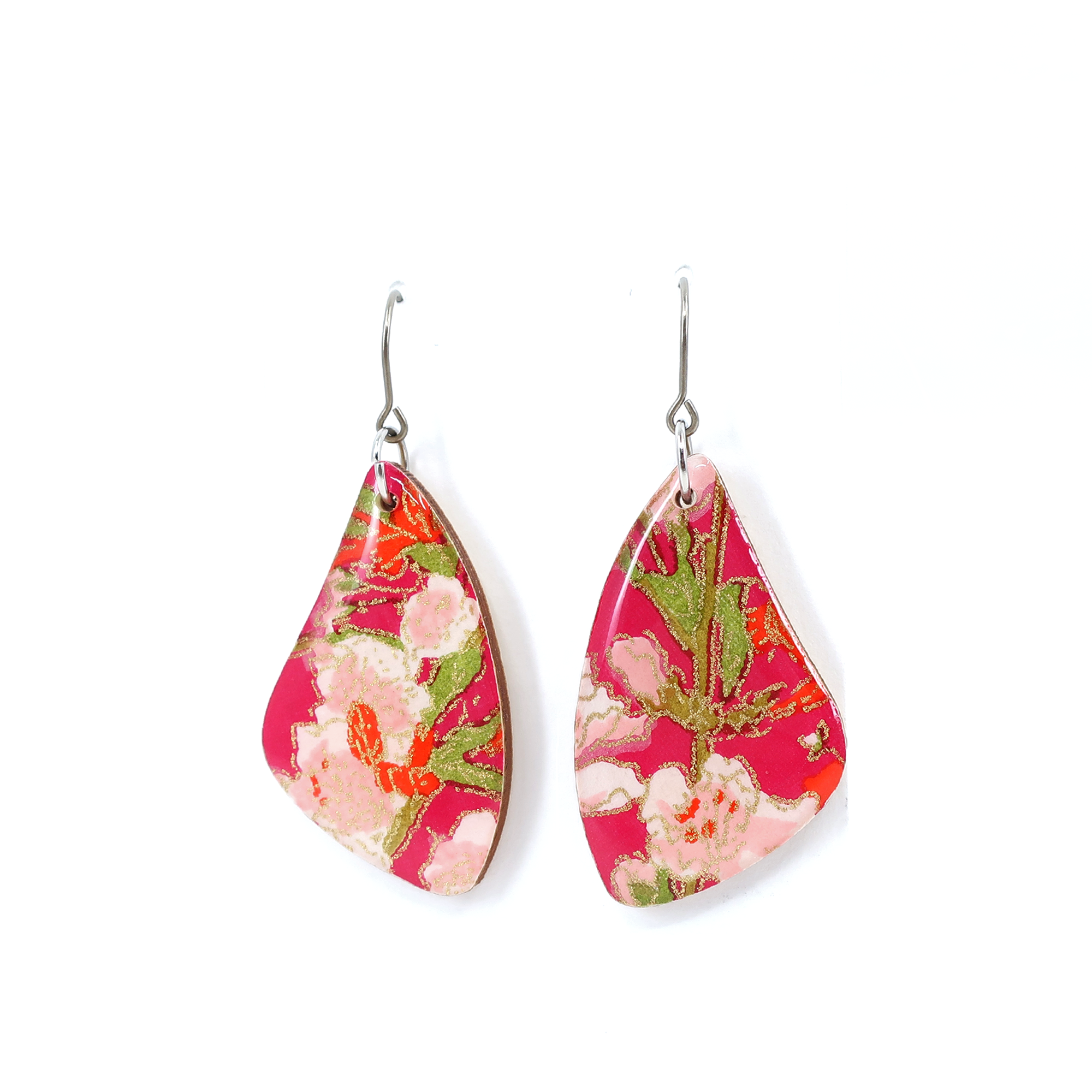 Red Pink Floral Chiyogami Titanium Earrings