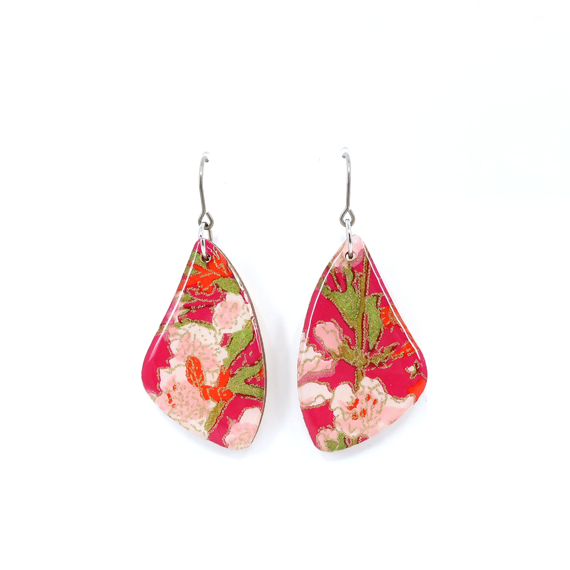 Red Pink Floral Chiyogami Titanium Earrings
