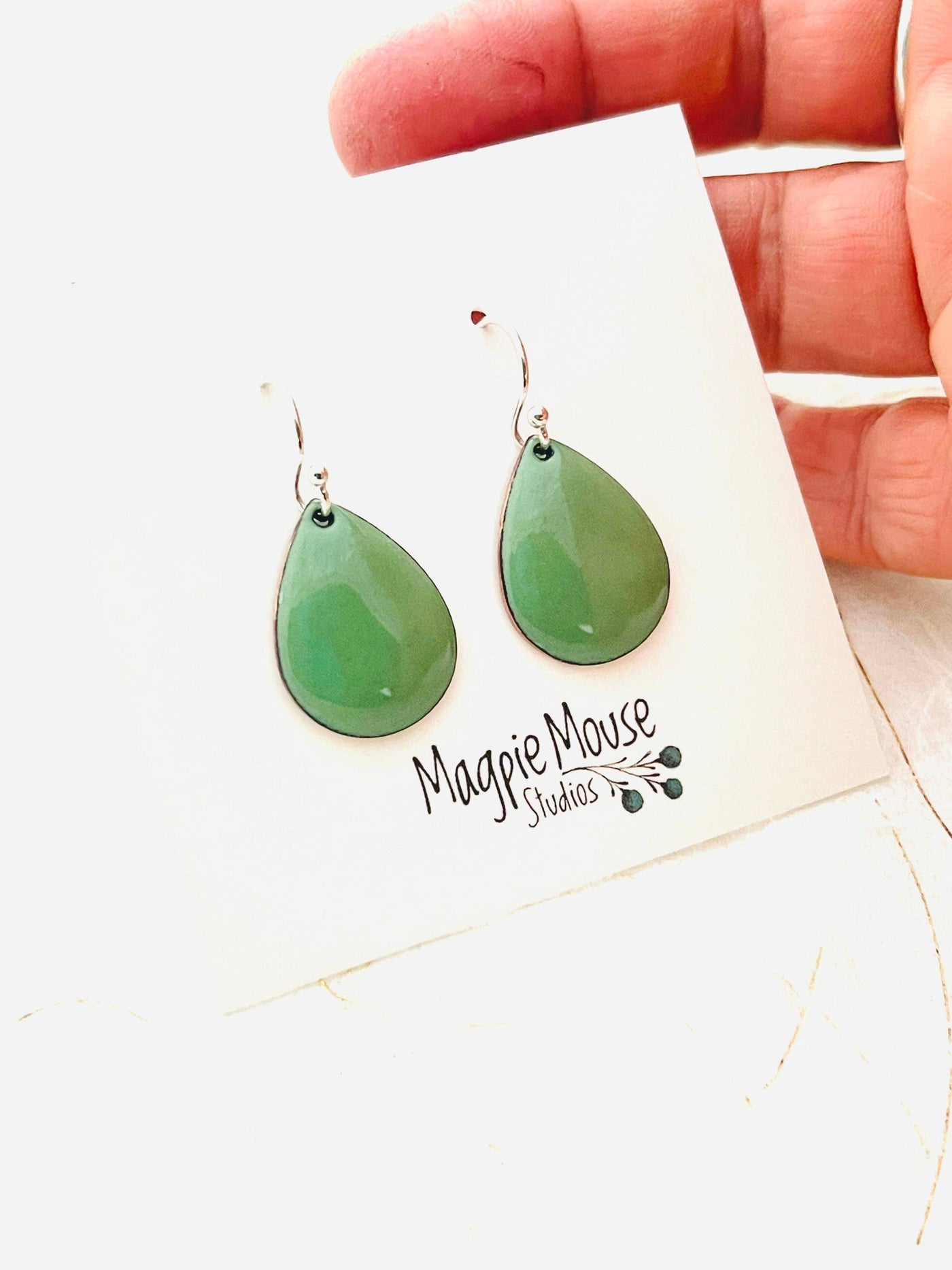 Willow Green Small Teardrop Enamel Earrings