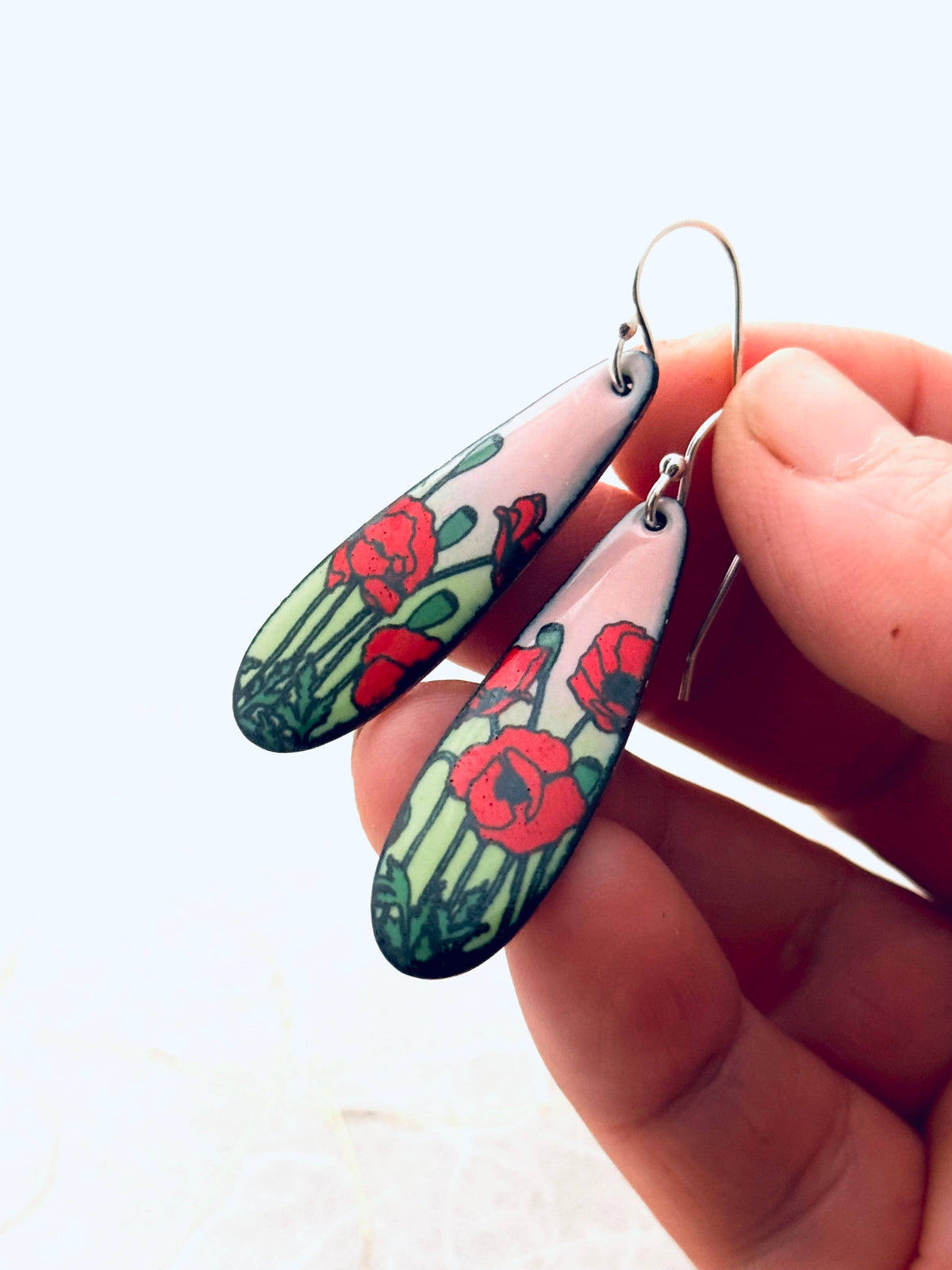 Long Teardrop Poppy Earrings, Pink and Green Enamel