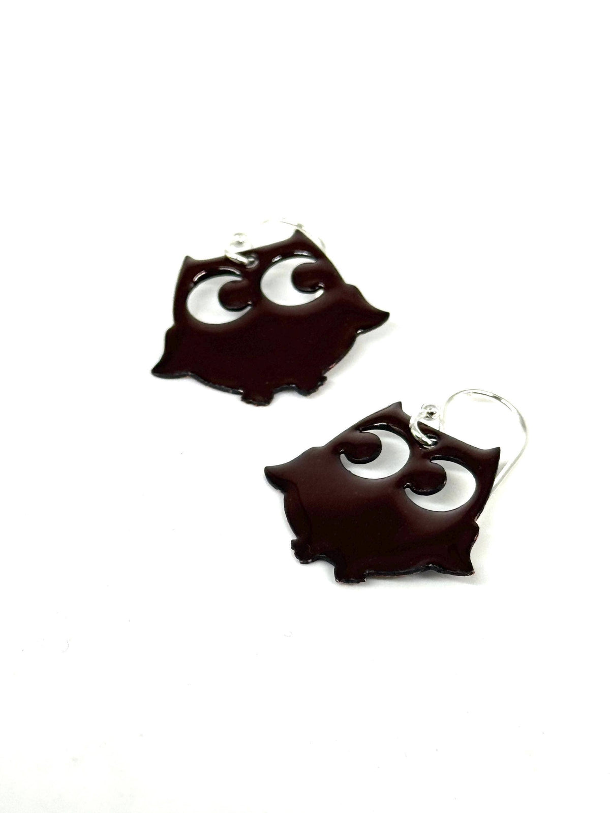 Mocha Brown Enamel Owl Earrings, Sterling Silver E