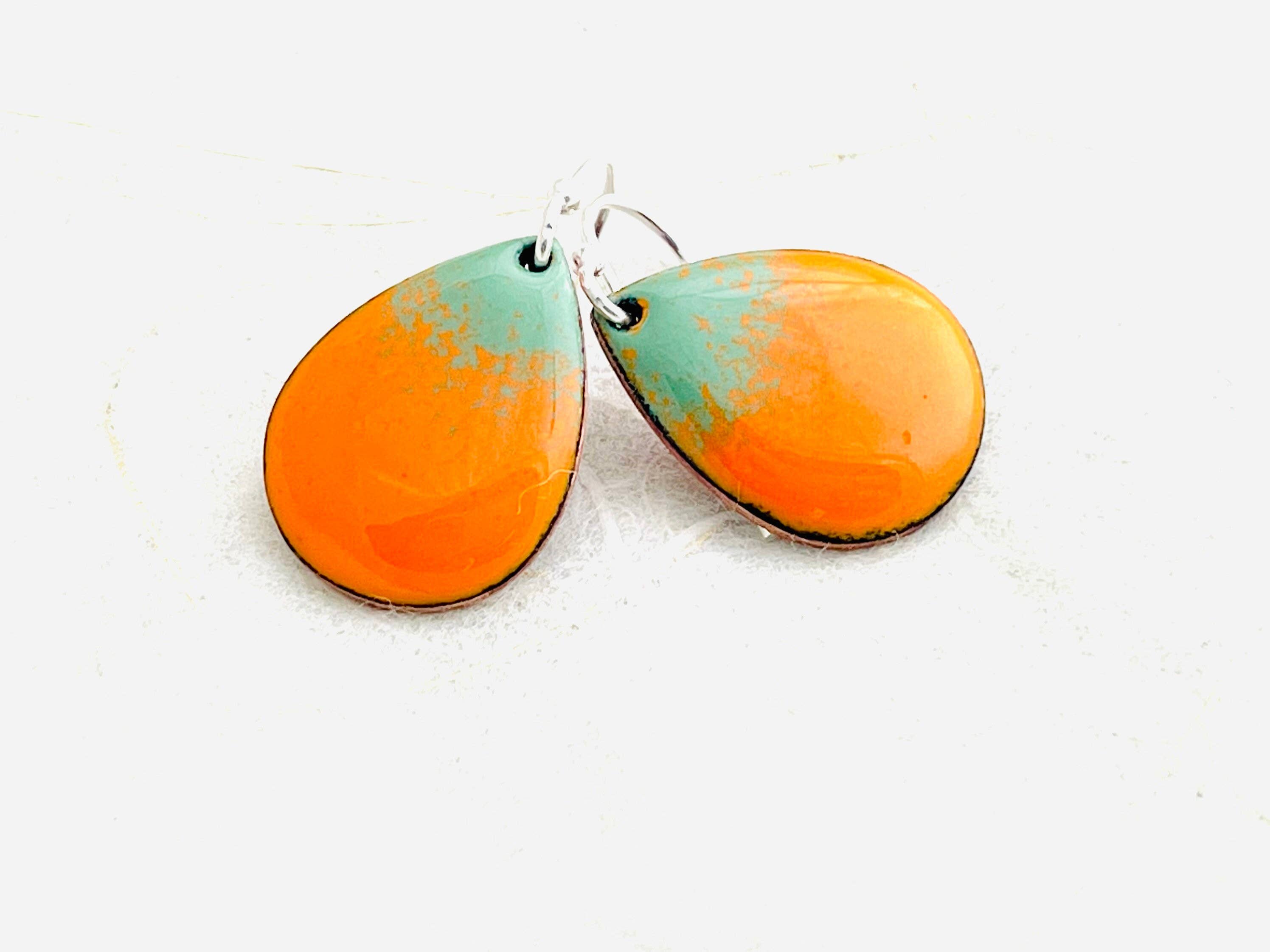 Small Teardrop Pumpkin Earrings, Pumpkin Orange Enamel