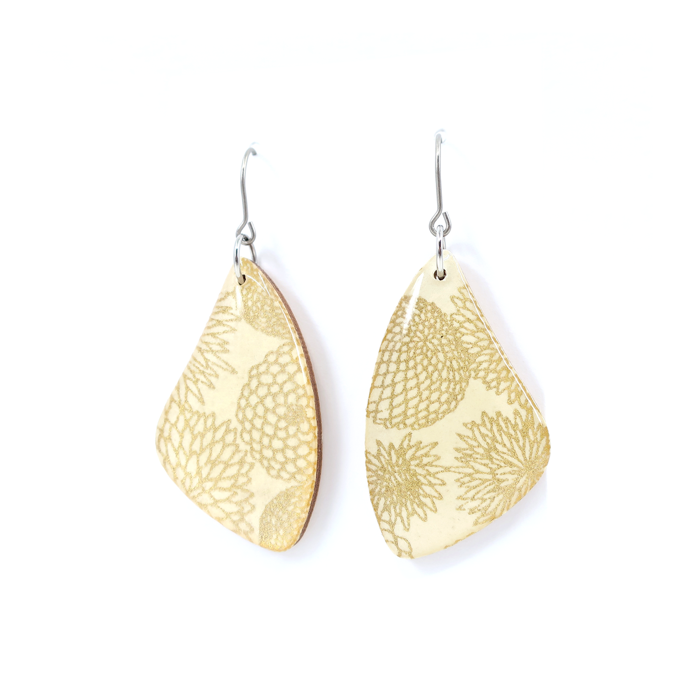 Cream White and Gold Modern Floral Chiyogami Earrings