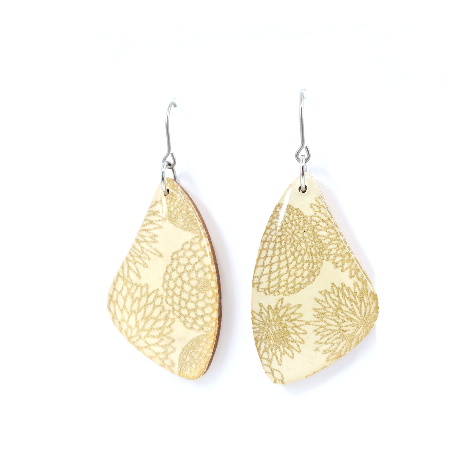 Cream White and Gold Modern Floral Chiyogami Earrings