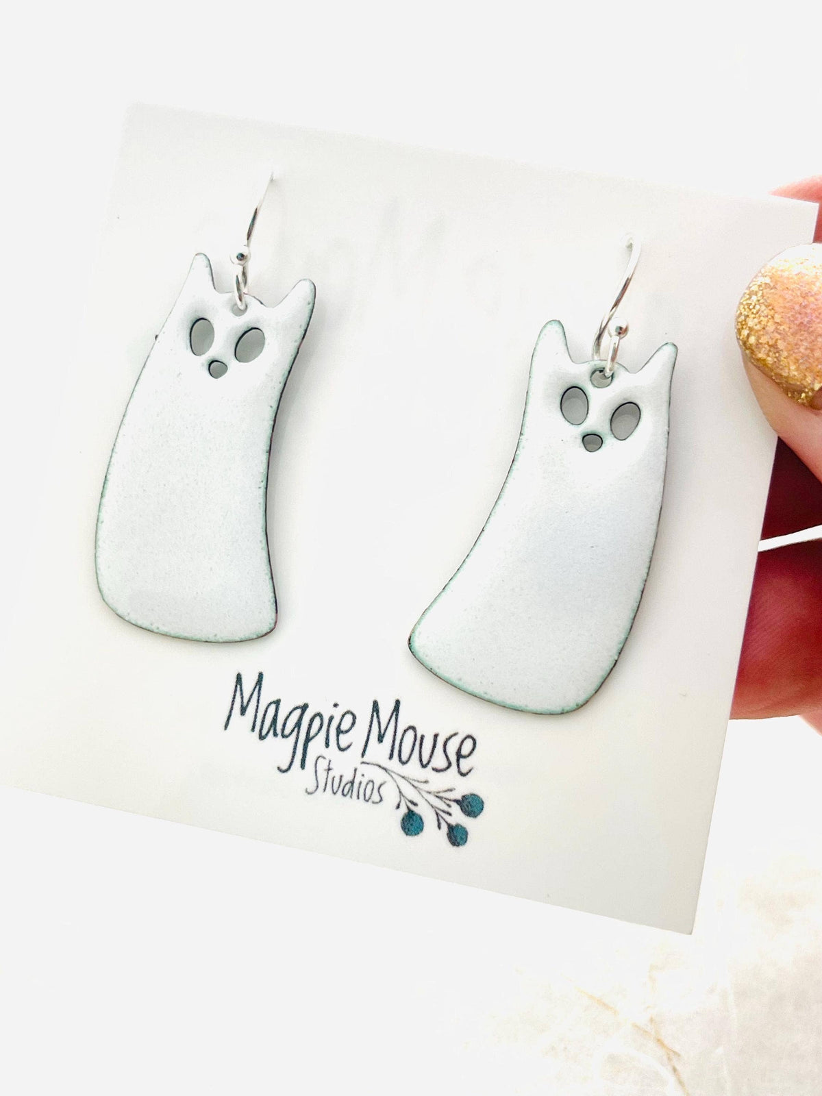 Titanium White Ghost Cat Earrings