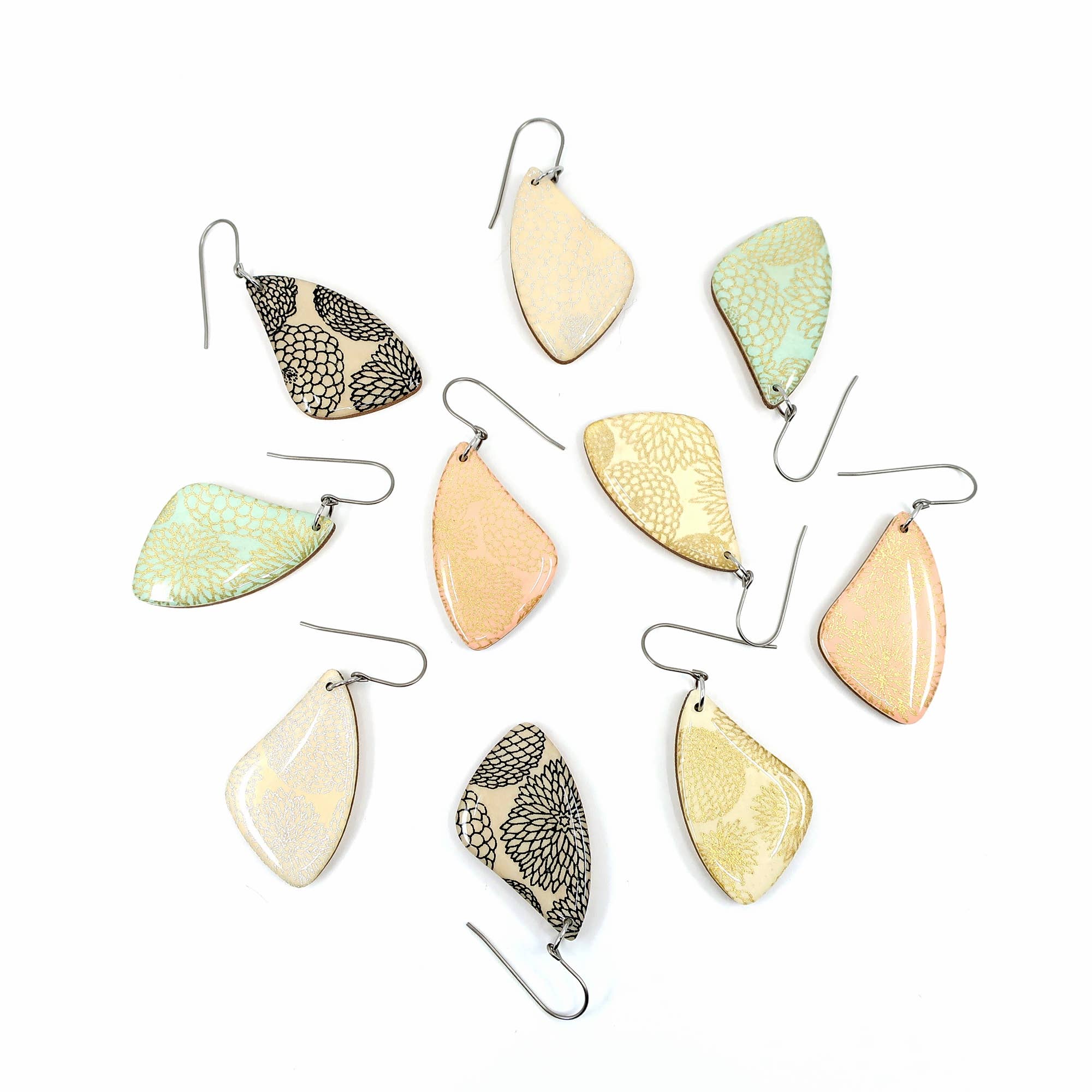 Cream White and Gold Modern Floral Chiyogami Earrings