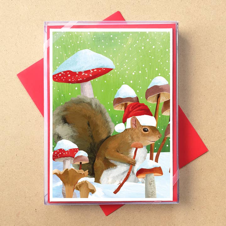 Winter Mushroom Squirrel Boxed Holiday Cards