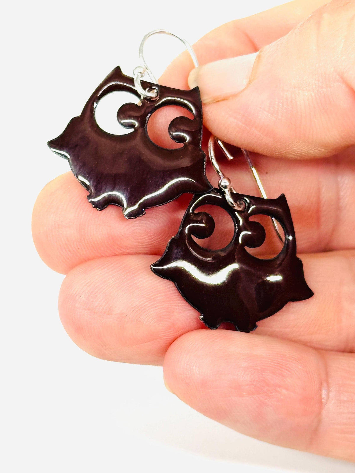 Mocha Brown Enamel Owl Earrings, Sterling Silver E