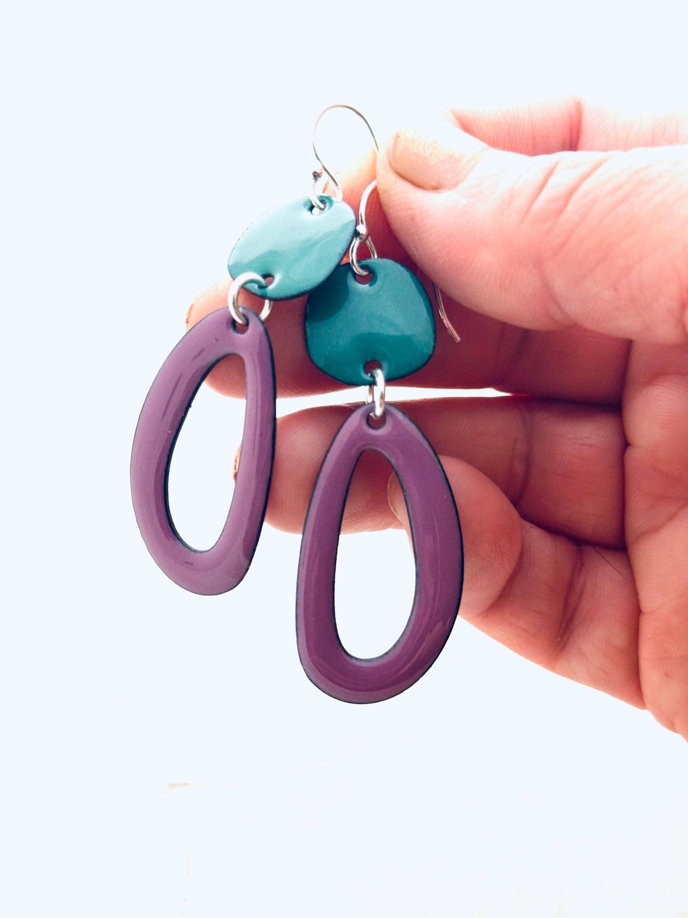 Long Oval Earrings, Orchid and Spruce Green Enamel