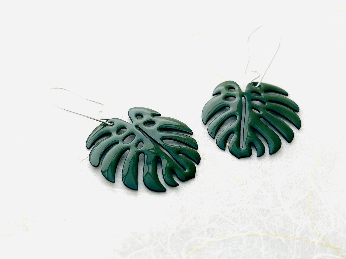 Handmade Monstera Leaf Enamel Earrings with Silver