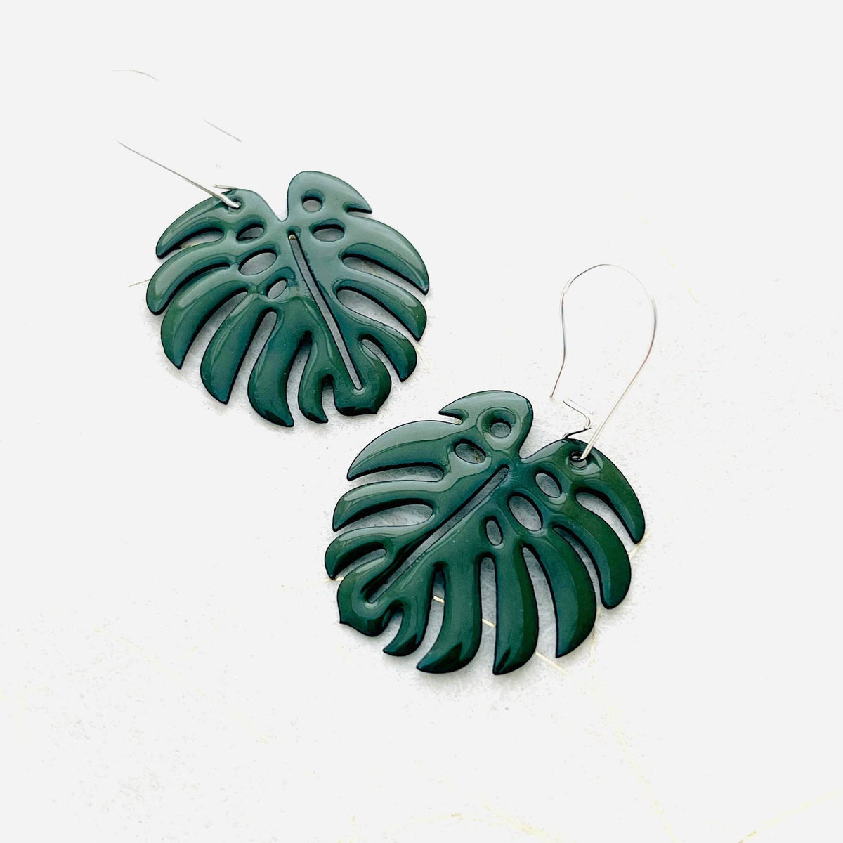Handmade Monstera Leaf Enamel Earrings with Silver