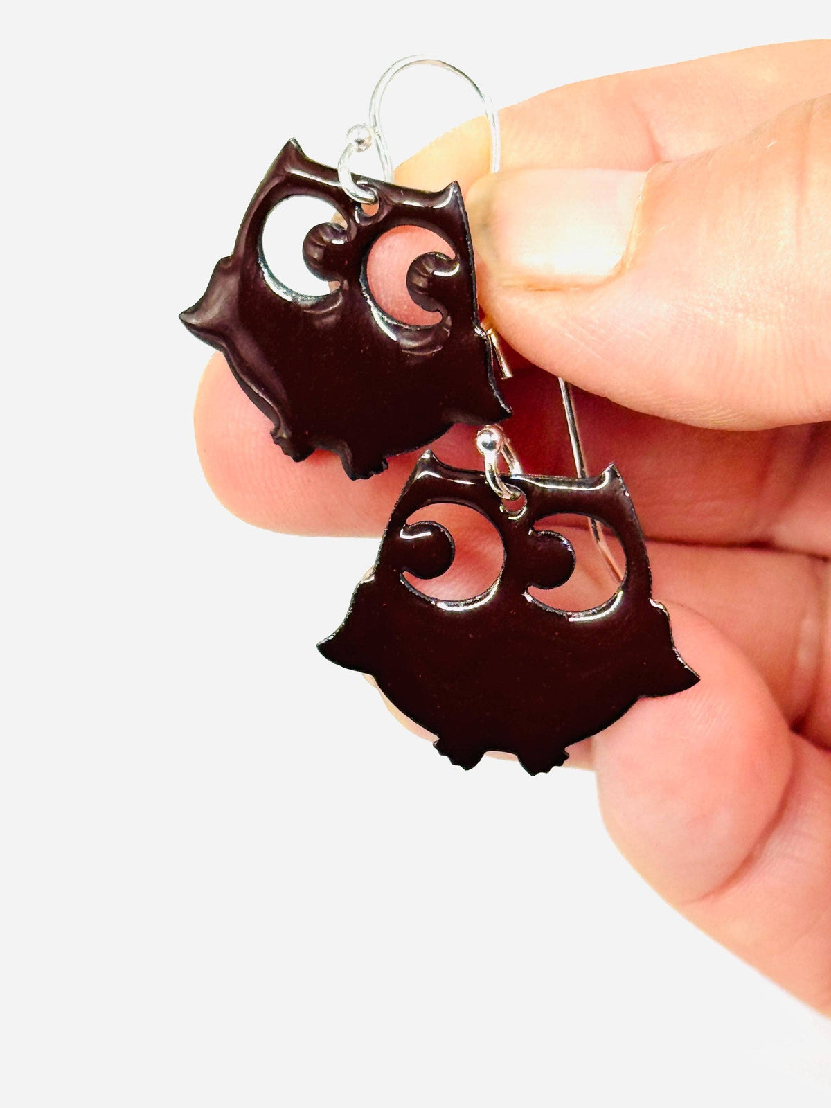 Mocha Brown Enamel Owl Earrings, Sterling Silver E
