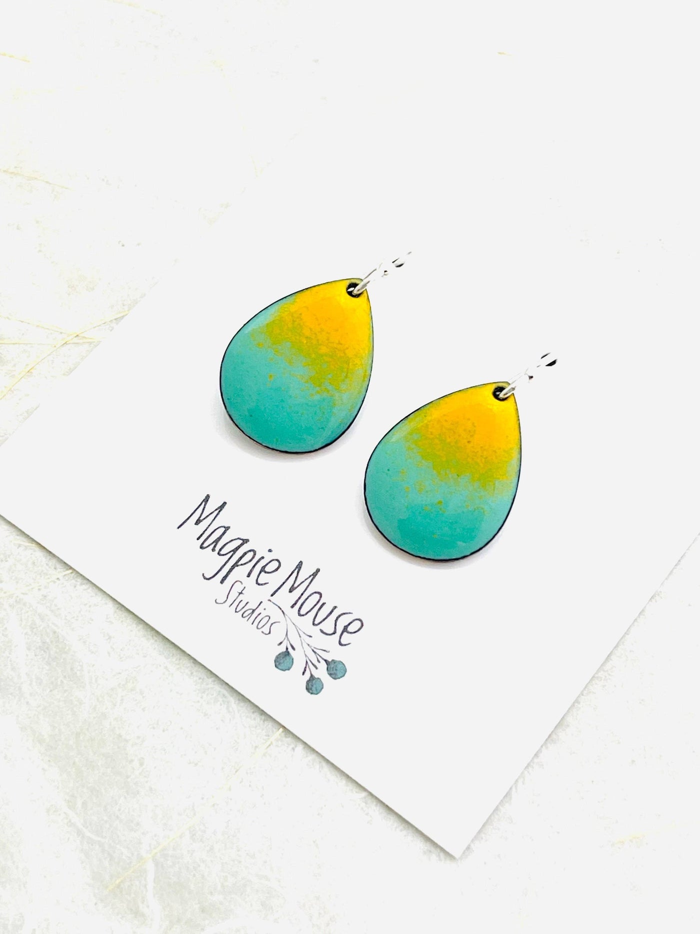 Mint Green & Yellow Small Enamel Teardrop Earrings