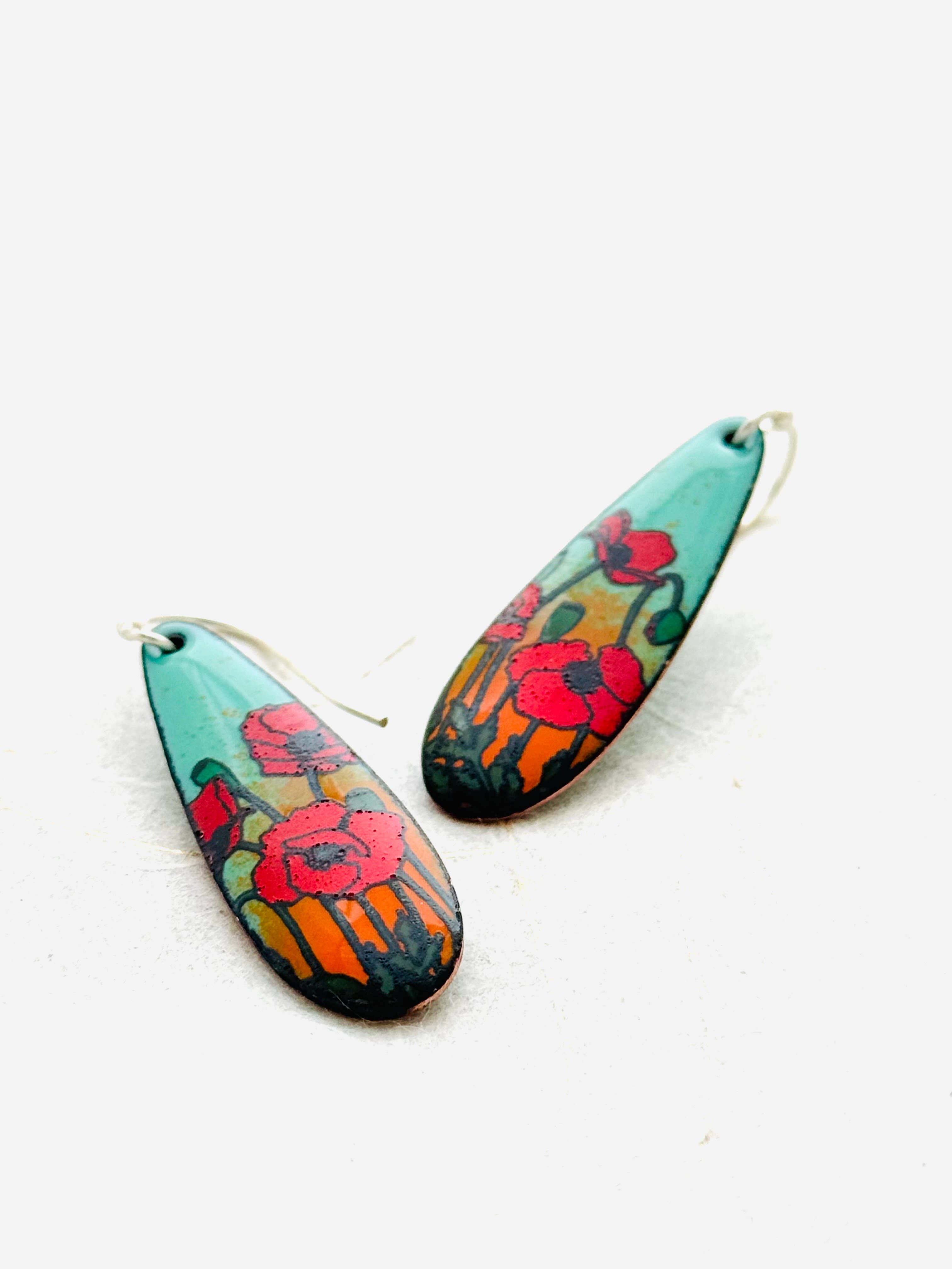Long Teardrop Poppy Earrings, Mint Green & Orange Enamel