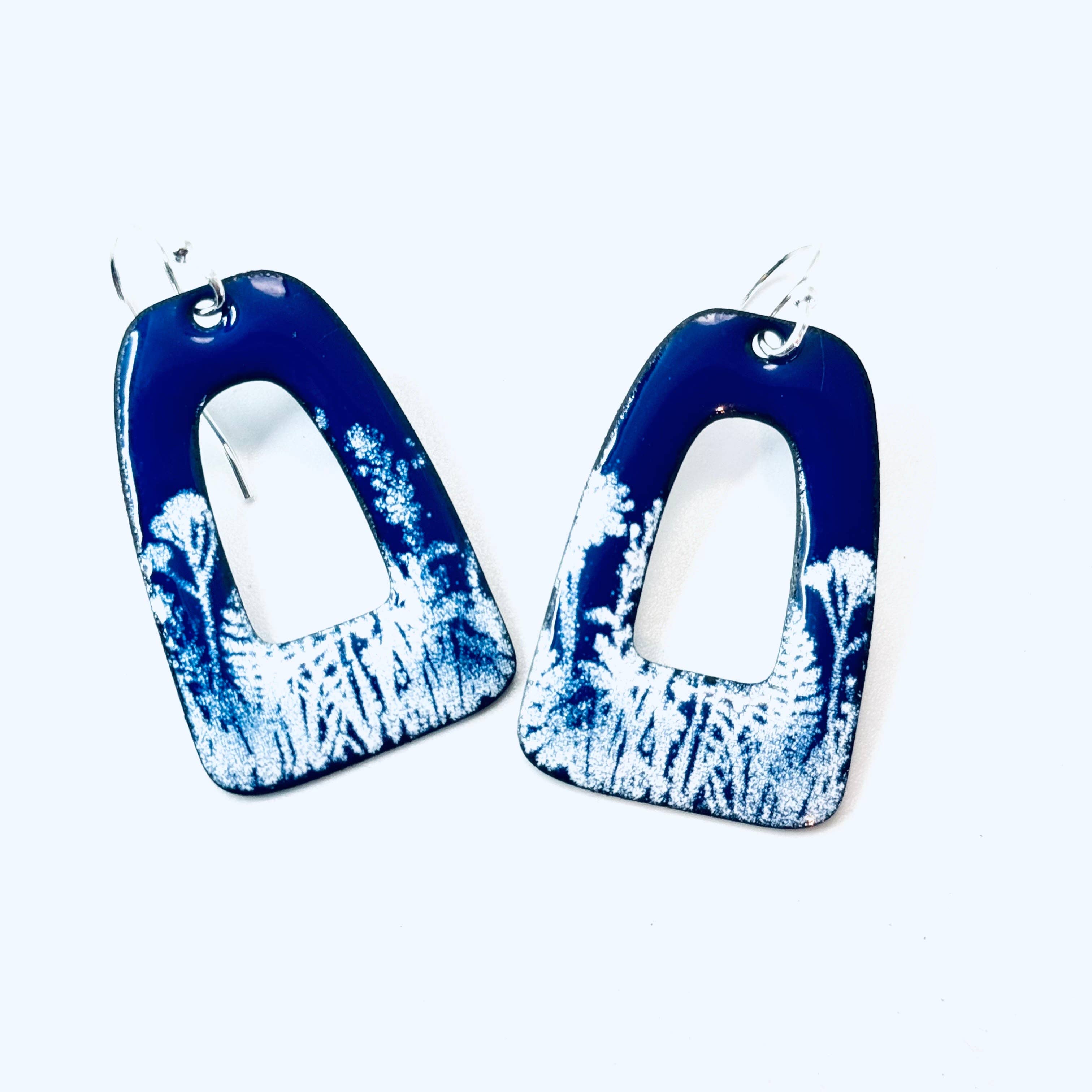 Retro Rectangle Earrings, Botanical Blue and White Enamel