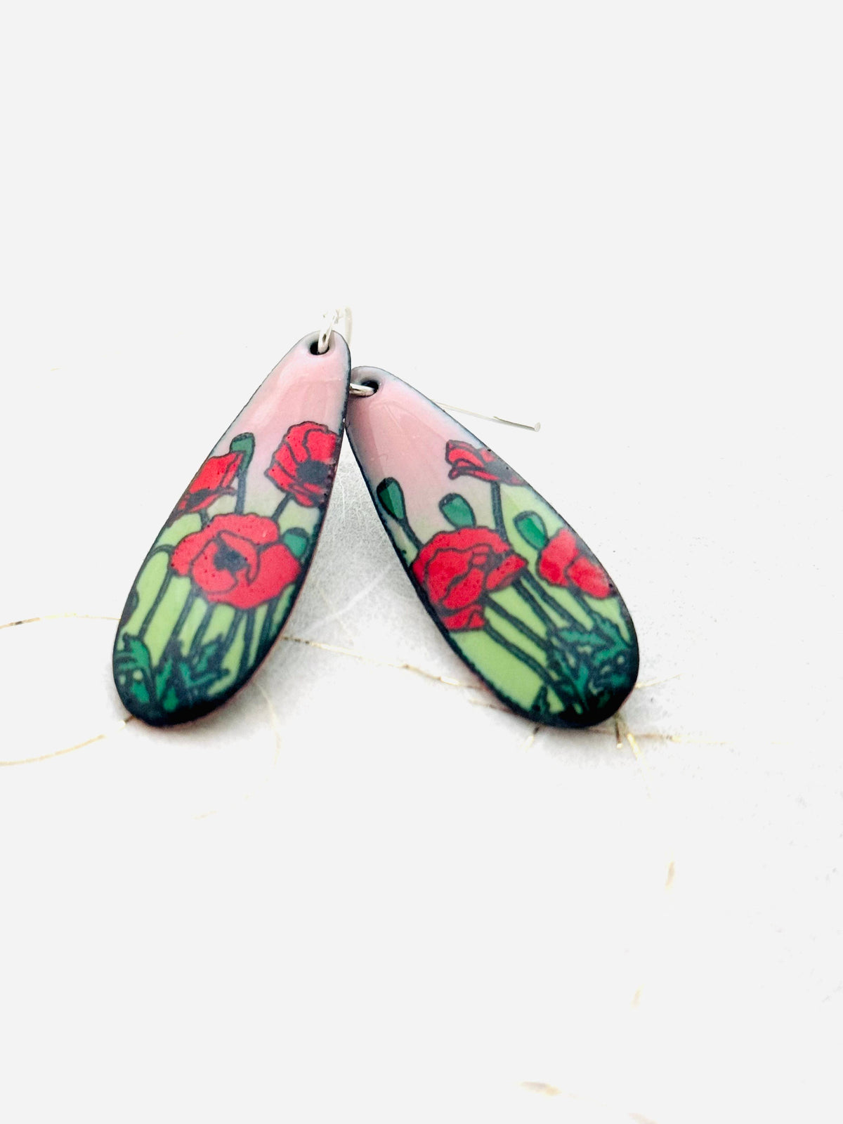 Long Teardrop Poppy Earrings, Pink and Green Enamel