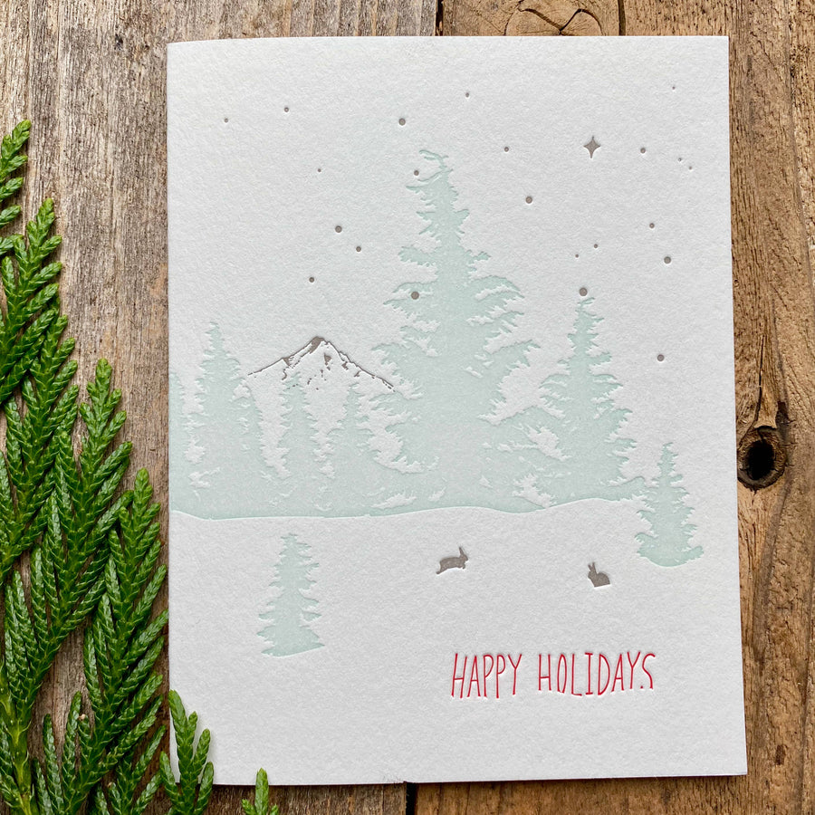 Holiday Letterpress Card Bunnies in the Snow