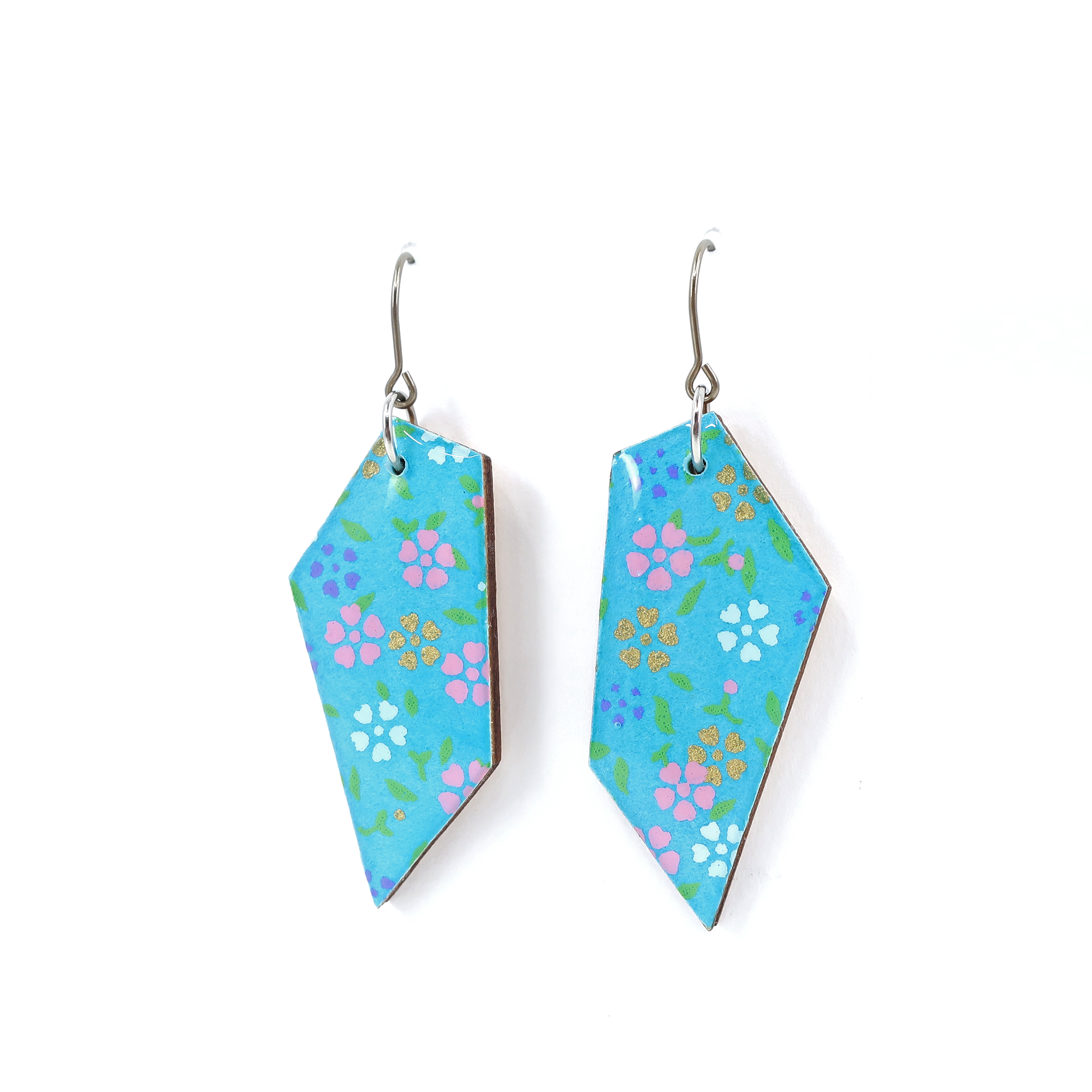 Floral Turquoise Blue Asymmetry Pentagon Japanese Paper Earrings