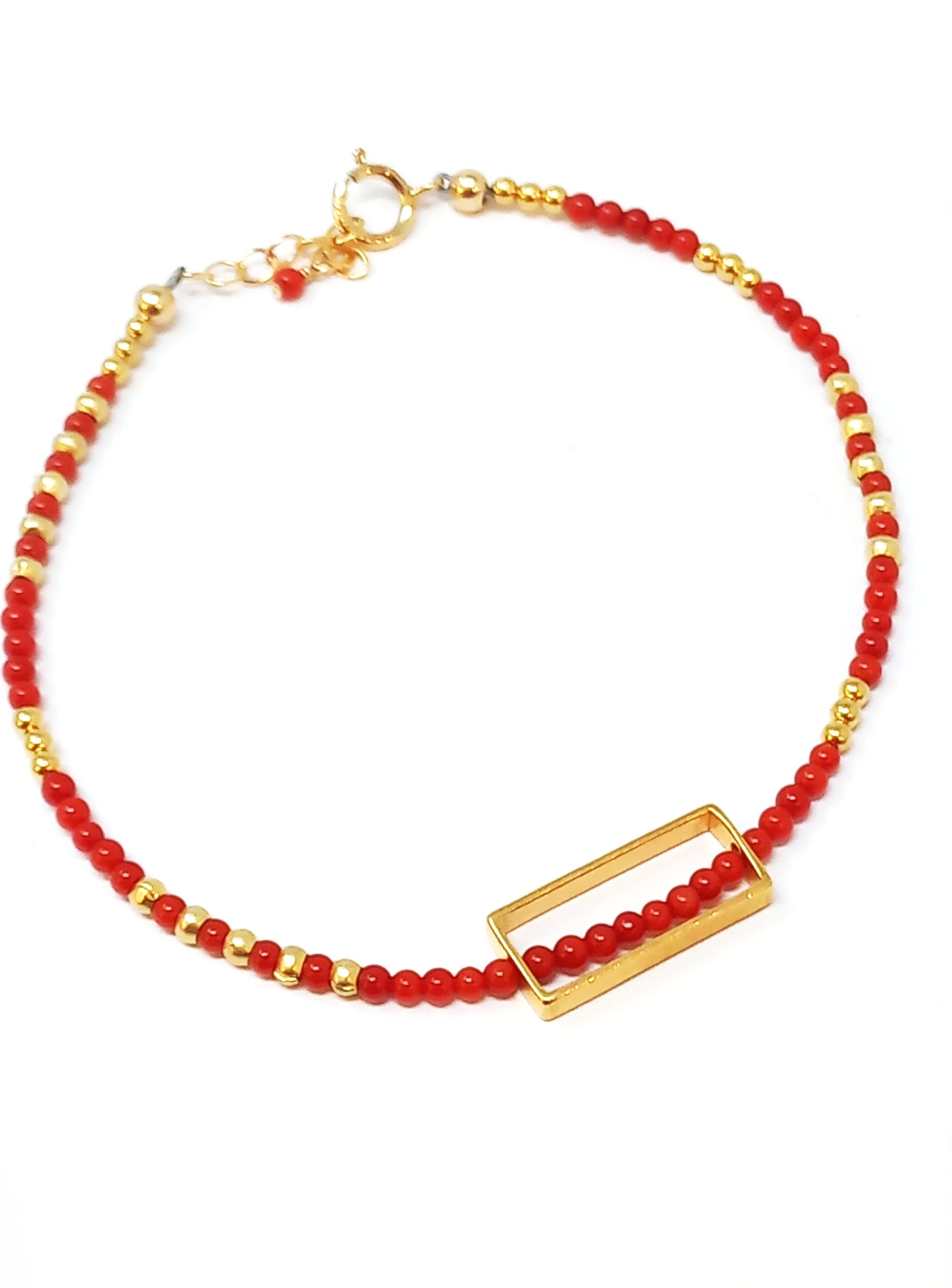 B305 Red Coral & Vermeil Rectangle Frame Bracelet