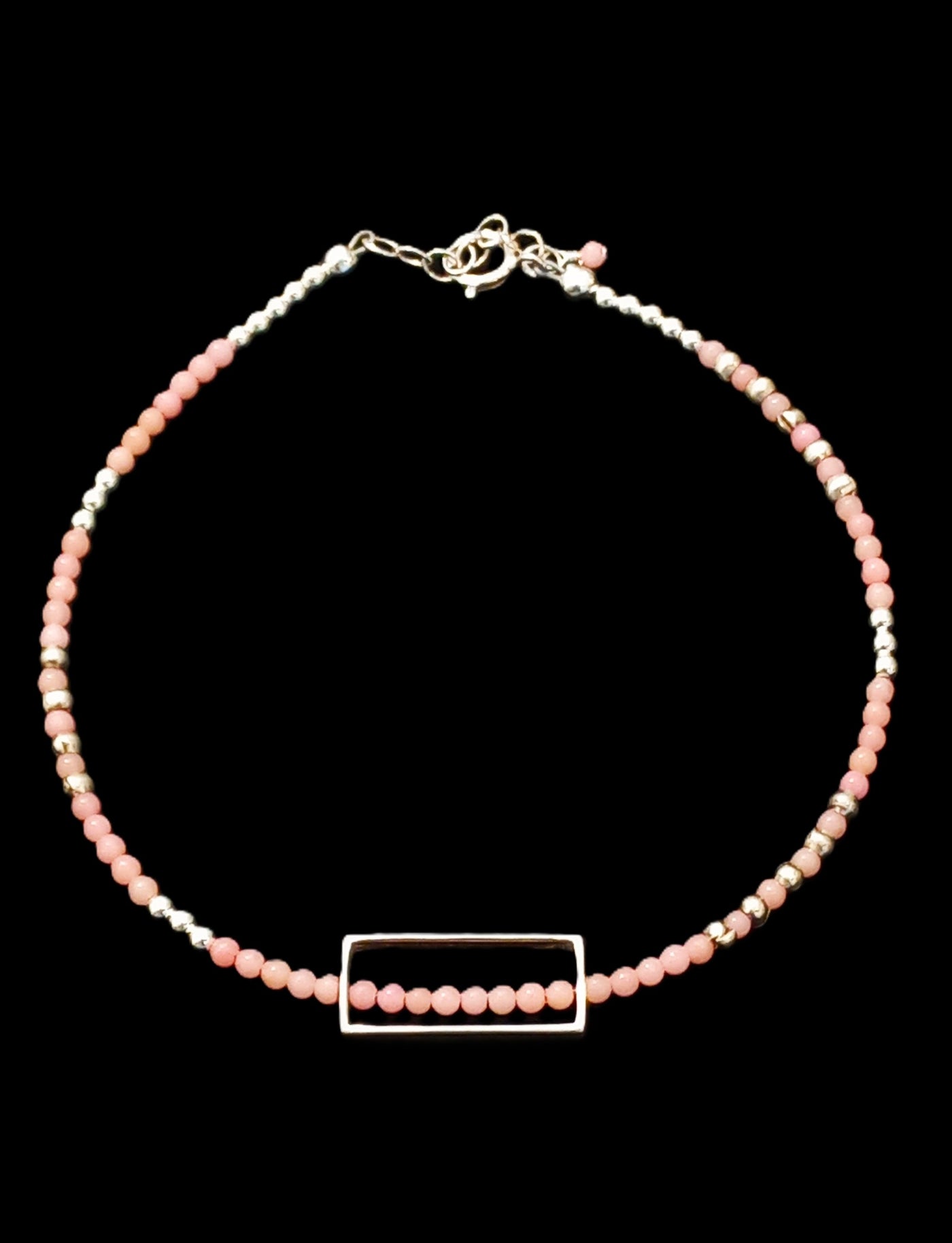 B306 Pink Coral & Sterling Silver Rectangle Frame Bracelet