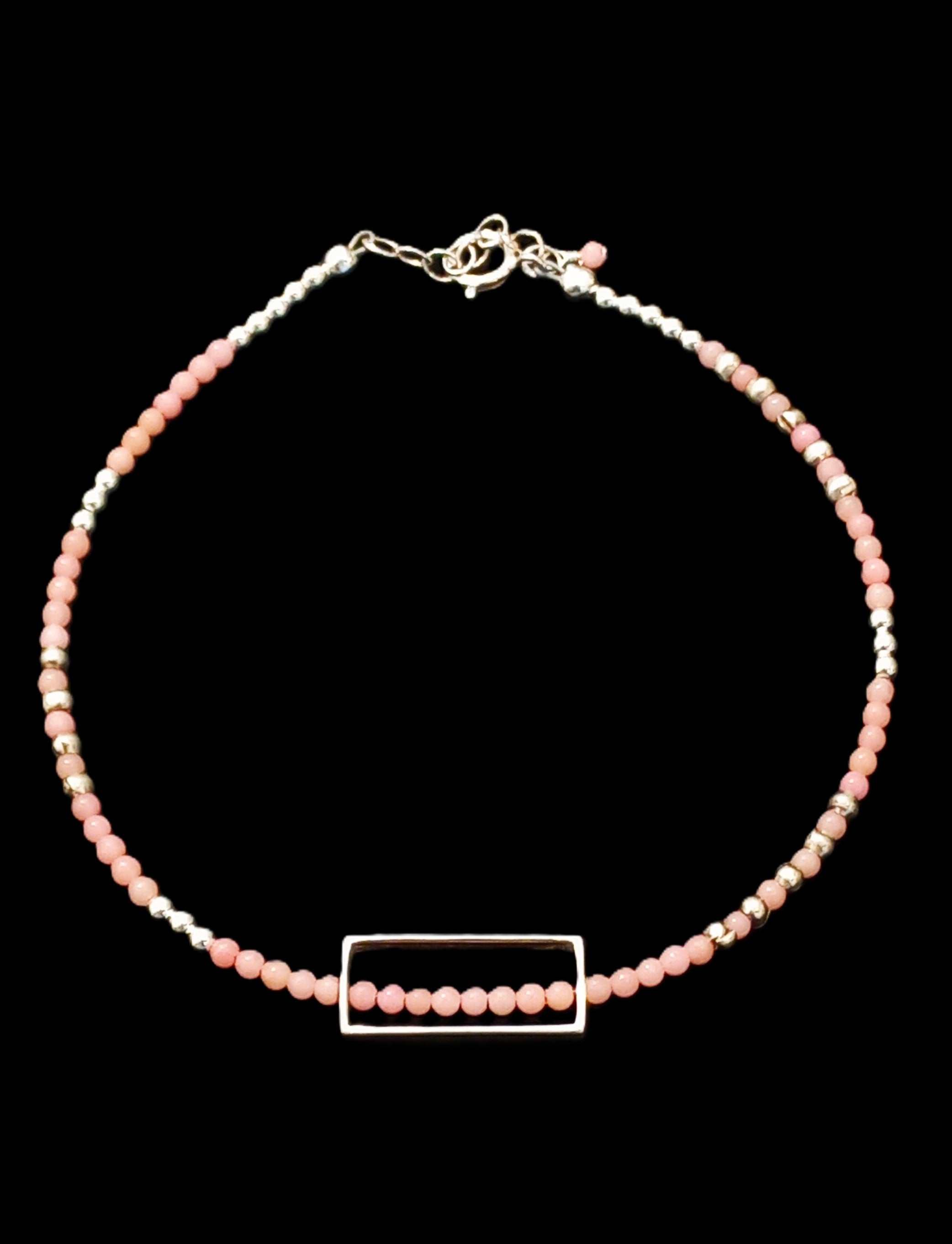 B306 Pink Coral & Sterling Silver Rectangle Frame Bracelet