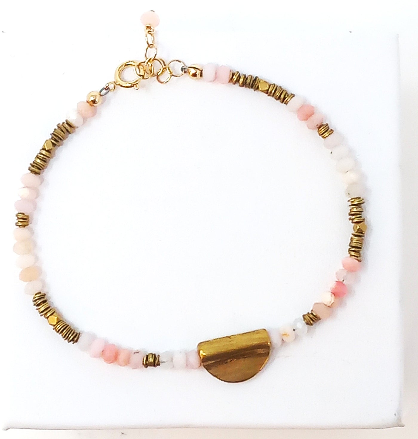 B307 Faceted Pink Opal & Brass Half Moon Pendant Bracelet