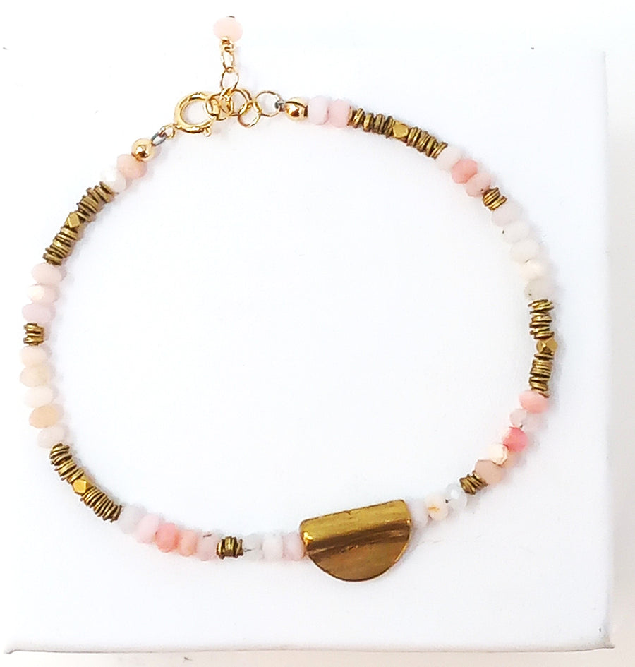 B307 Faceted Pink Opal & Brass Half Moon Pendant Bracelet