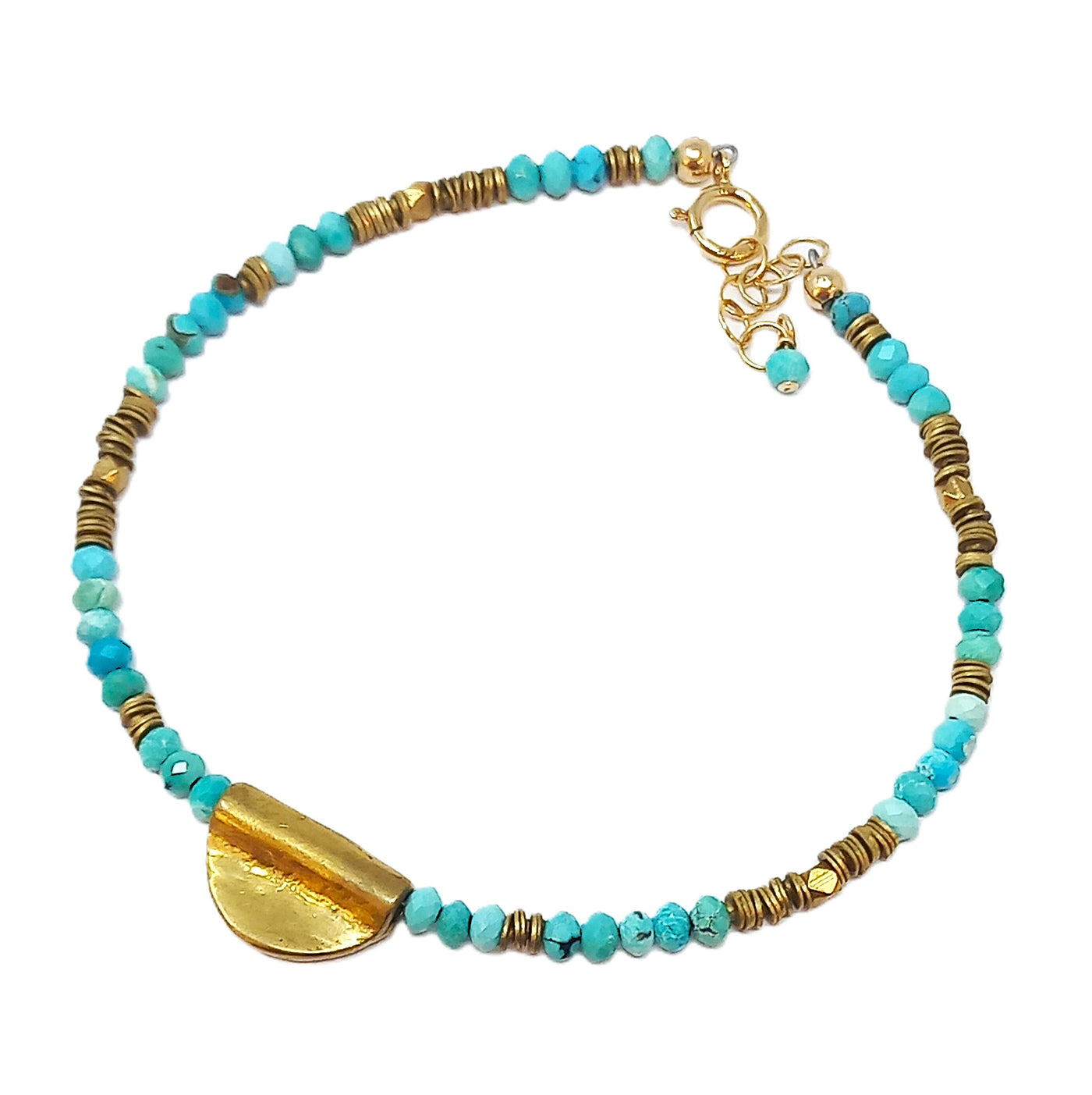 B308 Faceted Turquoise & Brass Half Moon Pendant Bracelet