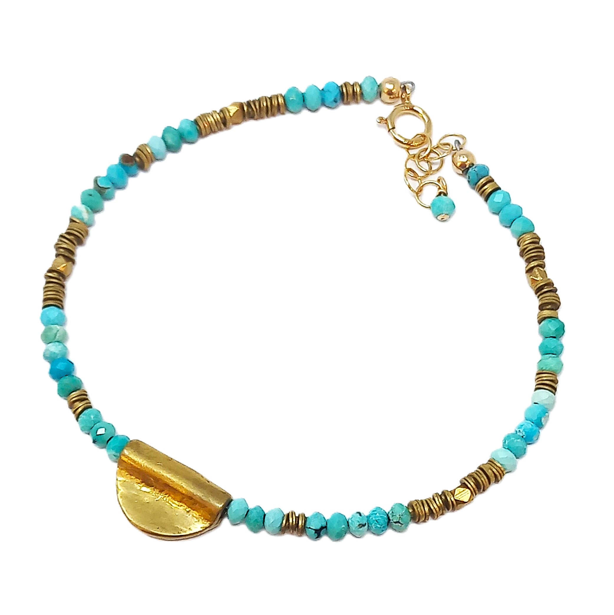 B308 Faceted Turquoise & Brass Half Moon Pendant Bracelet