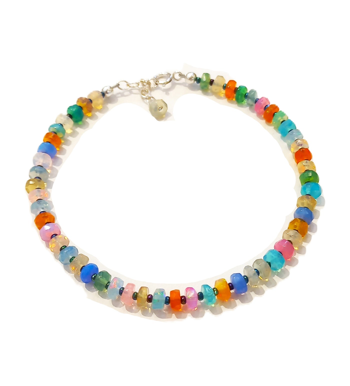 B311 Small Faceted Disco Opals & Blue Seed Beads Bracelet