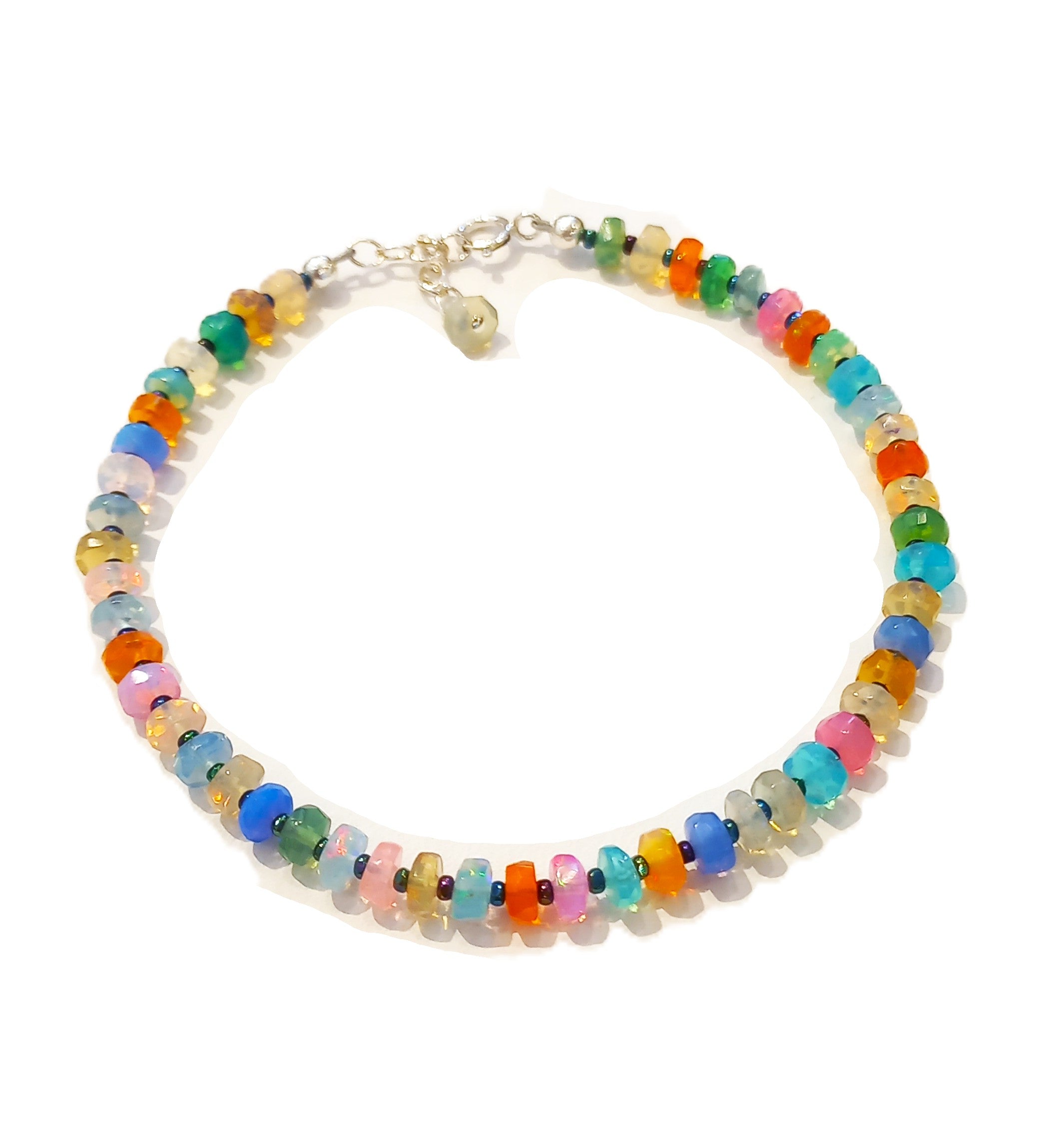 B311 Small Faceted Disco Opals & Blue Seed Beads Bracelet