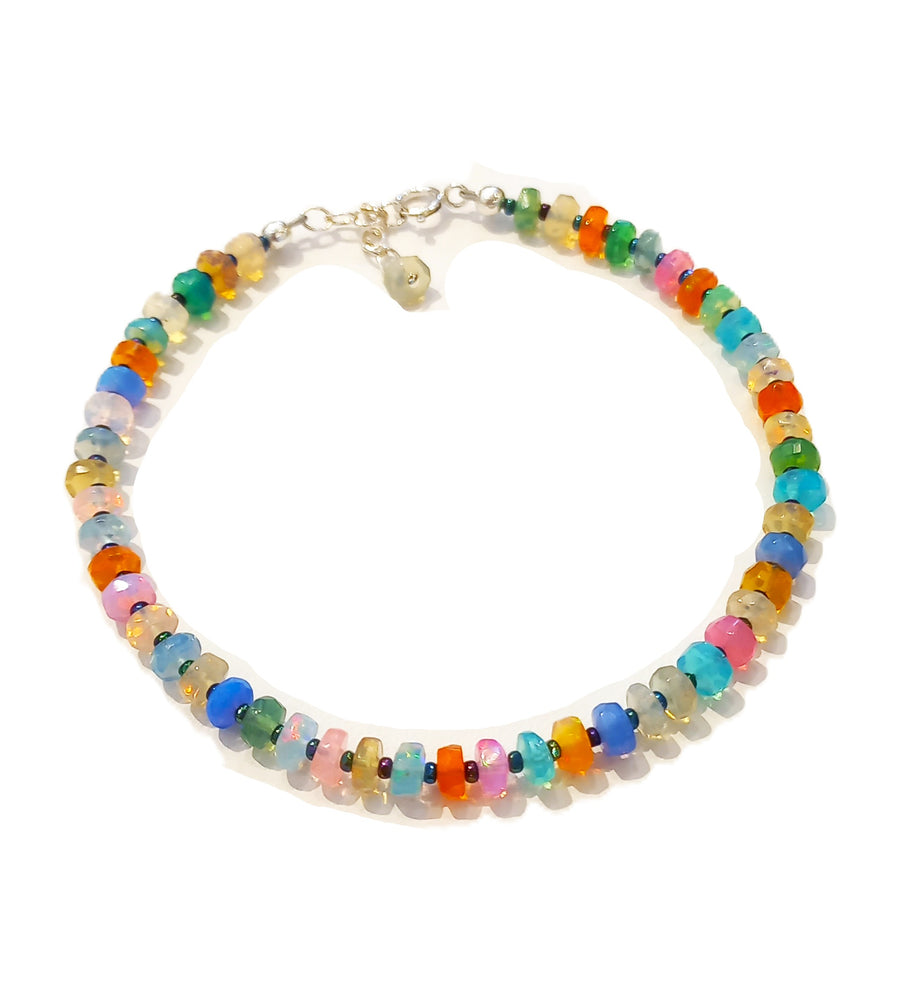 B311 Small Faceted Disco Opals & Blue Seed Beads Bracelet