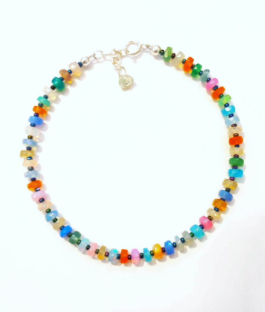 B311 Small Faceted Disco Opals & Blue Seed Beads Bracelet