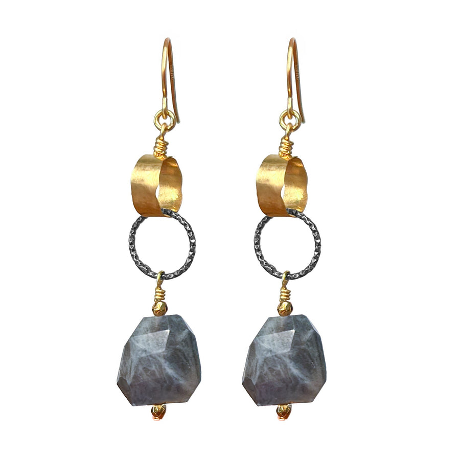 E514 Labradorite and Gold Circle Earrings